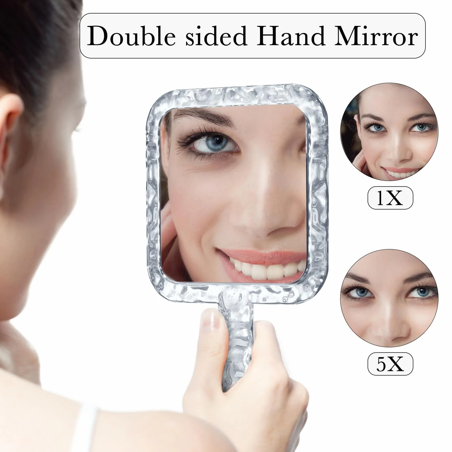 YEAKE Specchio a mano, doppio lato, con ingrandimento 1X/5X, con manico per trucco, specchio da barba con foro per appenderlo, acrilico, 15,5 cm di larghezza x 25,4 cm di lunghezza, forma quadrata,