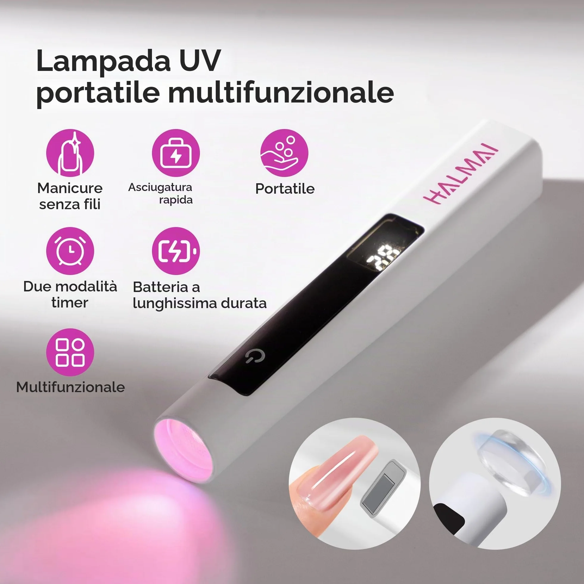 Halmai Lampada UV Portatile per Smalto Gel, Mini Luce Rossa LED, Asciuga Unghie USB Ricaricabile Senza Fili, Strumento per Manicure