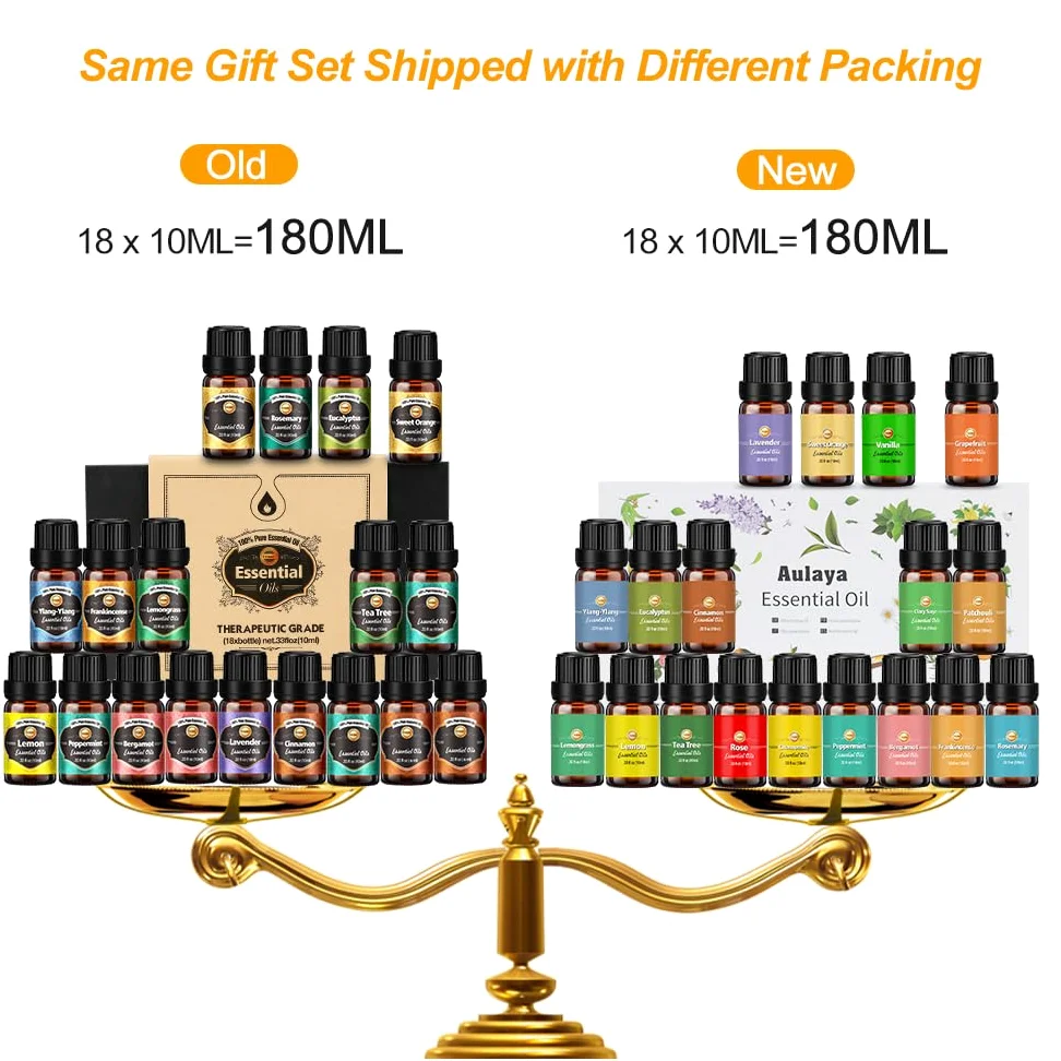 Oli Essenziali per Diffusori, Set di olio essenziale 18 x 10 ml, Essenze Naturali,Tea Tree Lavanda Rosmarino Eucalipto Ylang-ylang Incenso Citronella Arancia Menta Limone Bergamotto