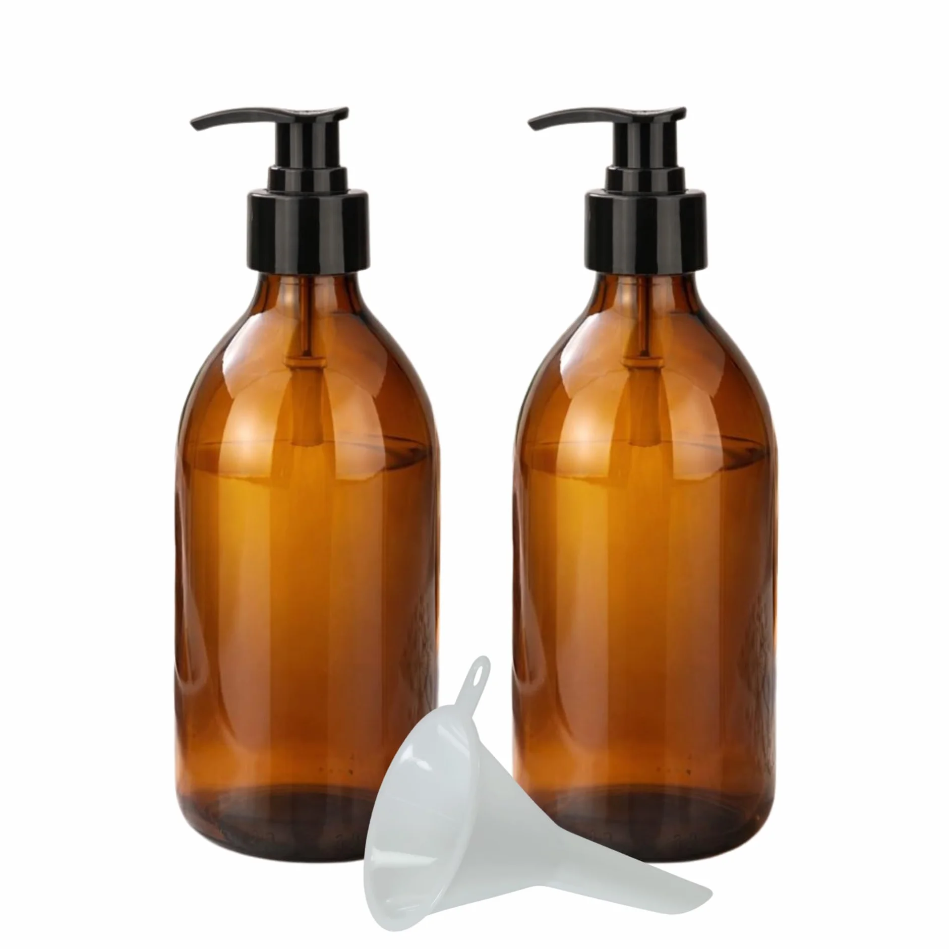 mikken Set di 2 distributori di sapone in vetro marrone 250 ml – dispenser di lozioni ricaricabili e bottiglie di pompa, senza BPA, per sapone, disinfettante, detersivo, detersivo, shampoo con imbuto