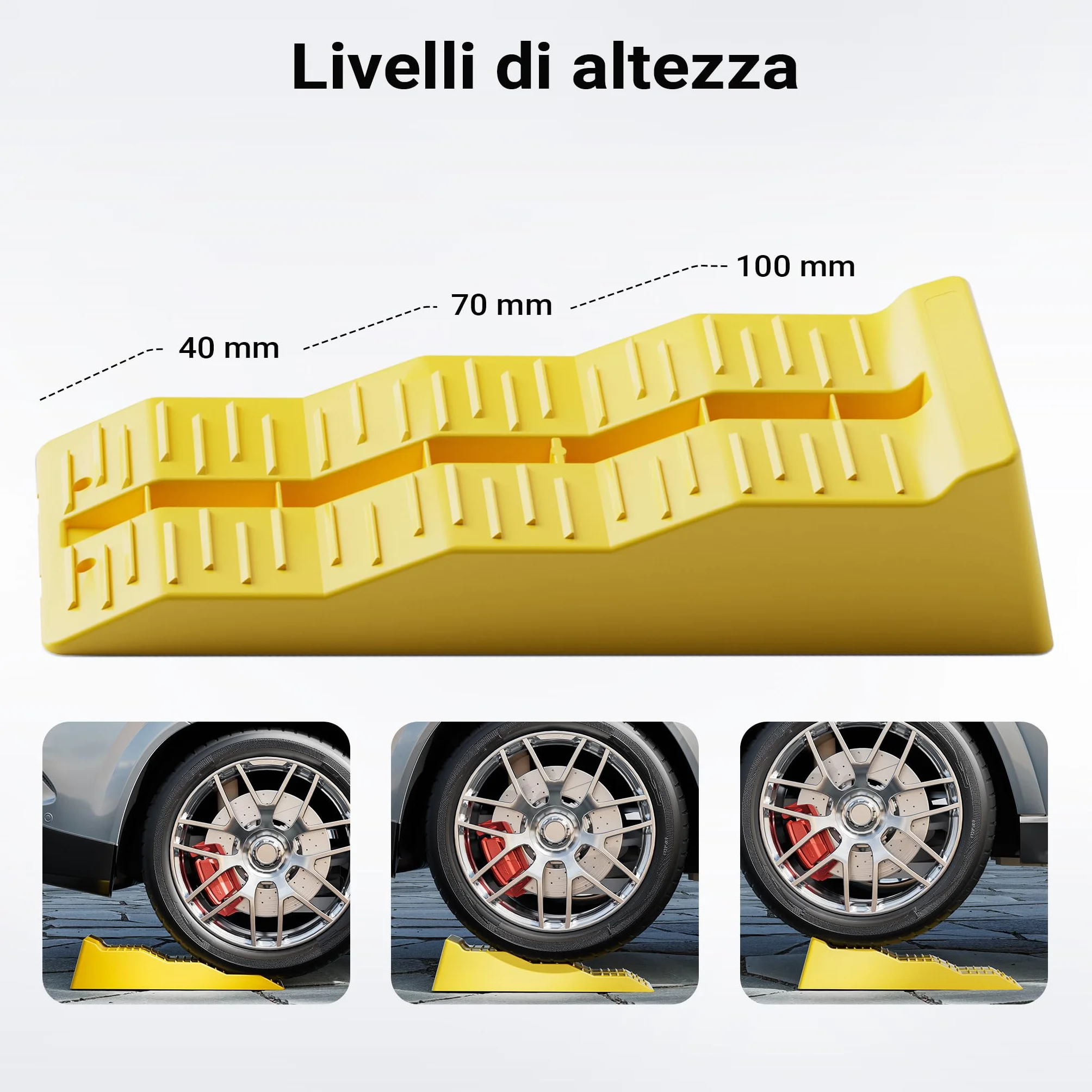 Cunei fermaruota Wiltec 3 altezze 40/70/100 mm Set 2 pezzi capacità carico 3 t per auto camper roulotte