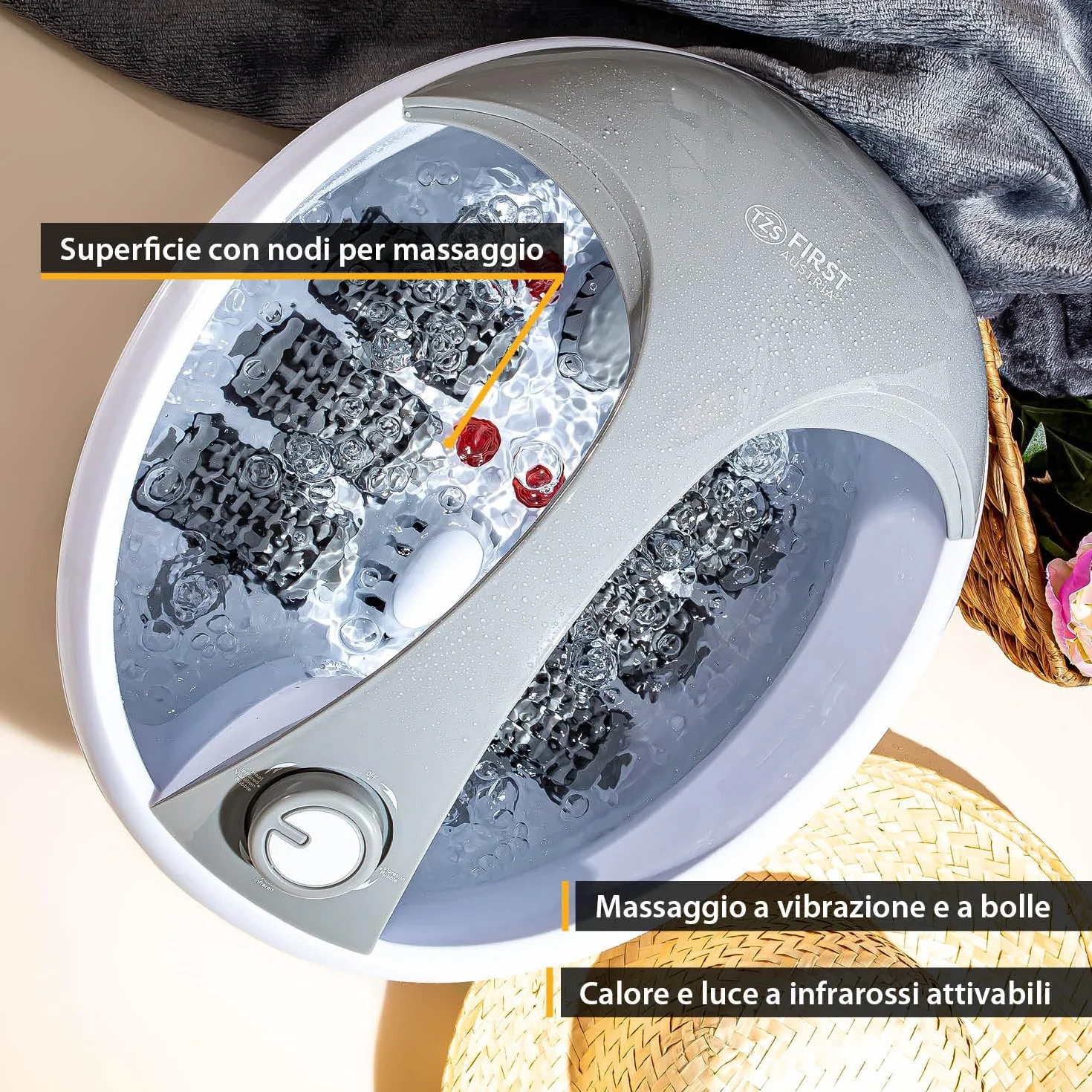 TZS First Austria - Pediluvio Massaggiatore - 450W - 3 Impostazioni & 6 Rulli Massaggianti - Idromassaggio Plantare Elettrico con Riscaldamento - Maniglia & Box Aroma