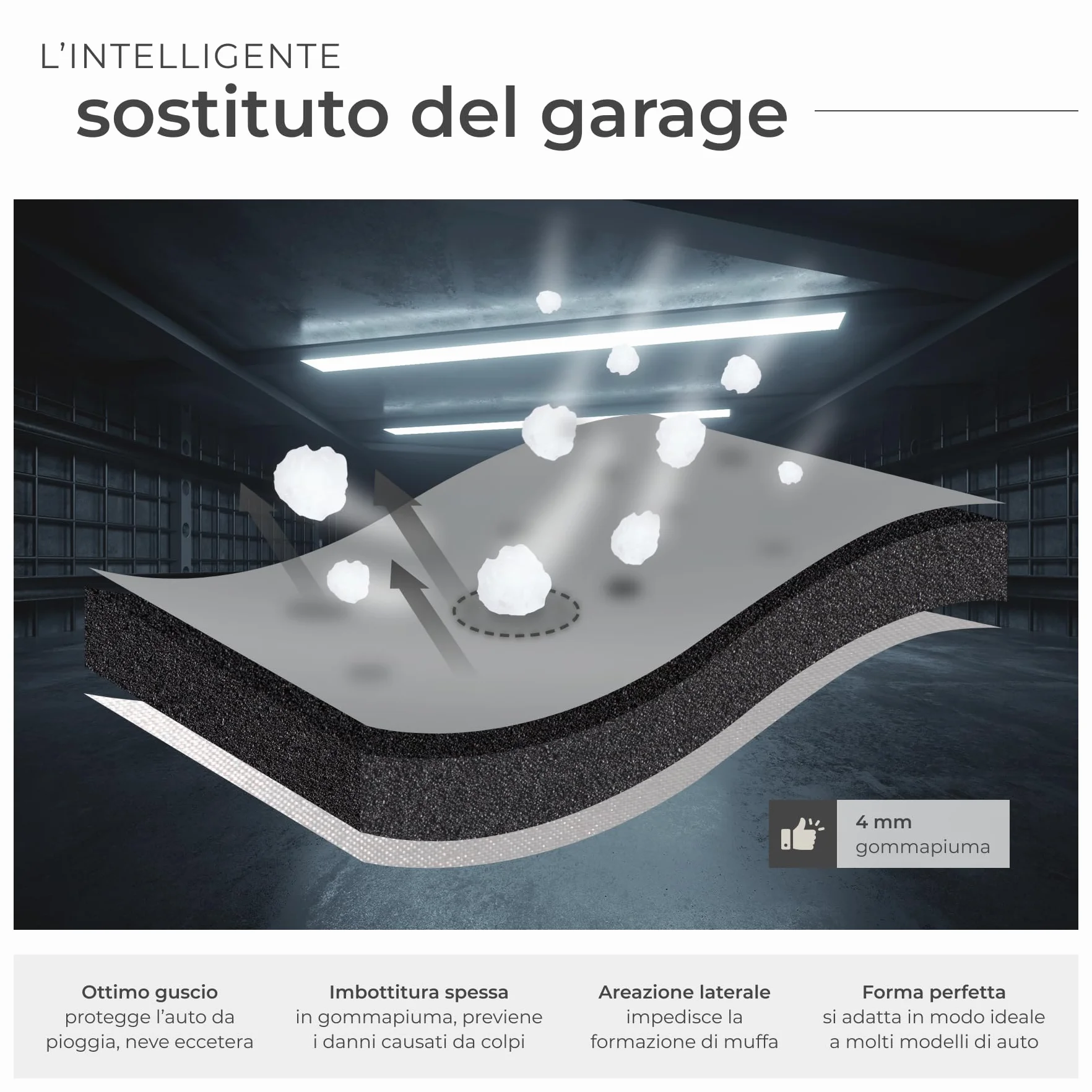 Copriauto Antigrandine Impermeabile Strato Gommapiuma 4 mm 3 Cinghie Tensione Regolabili L (483x178x120 cm)
