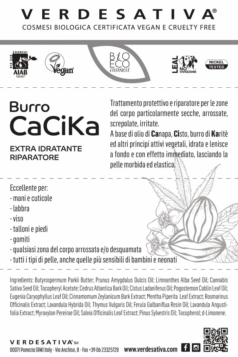 VERDESATIVA Burro Cacika Protettivo e Riparatore - 25 ml - Con Karité, Biologica e Oli Essenziali Naturali - Multiuso per Mani, Labbra, Piedi, Viso e Bambini - 100% Vegetale - Made in Italy