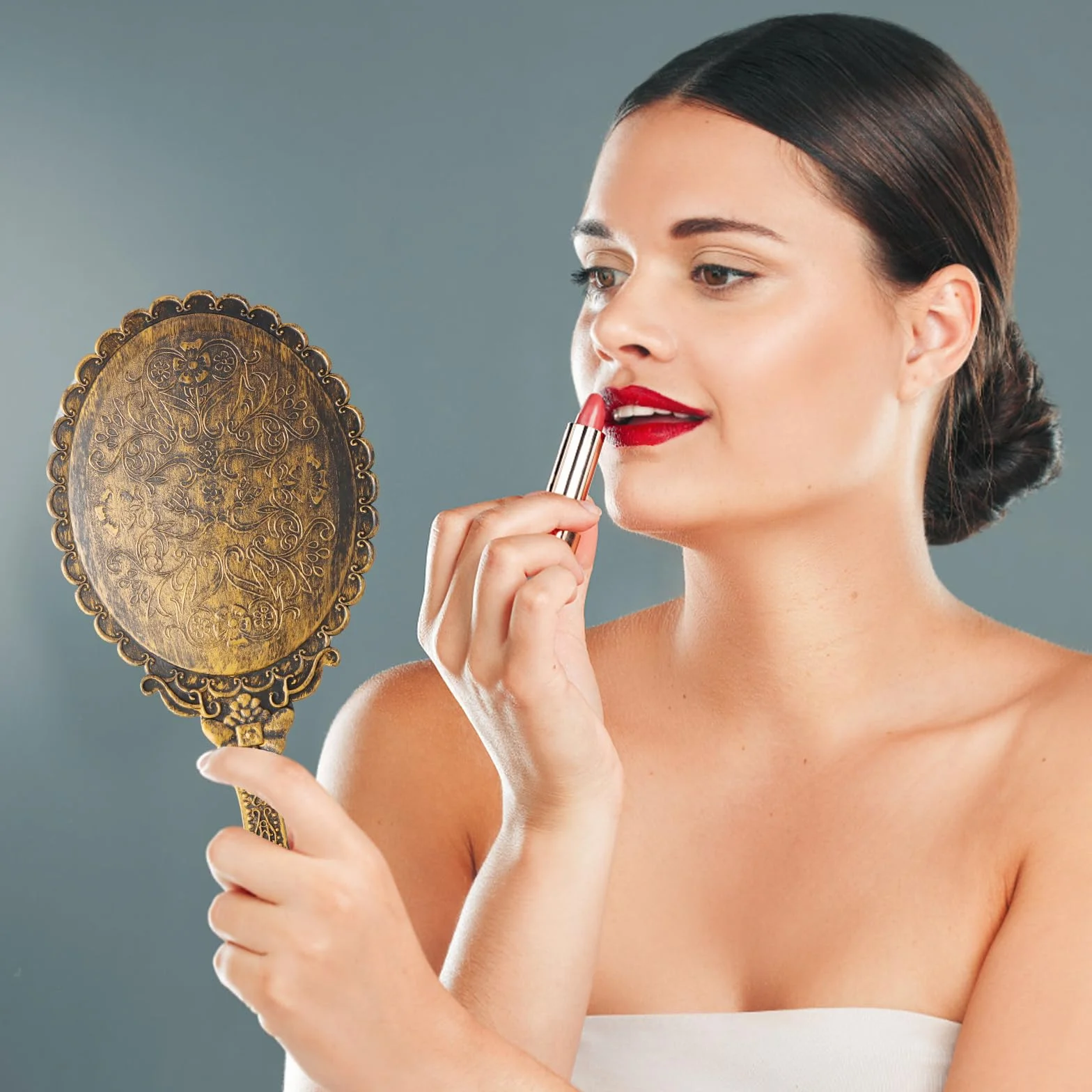 Amexo Specchio Portatile Vintage a Mano, Mini Specchio Ellittico Compatto per Capelli e Trucco, Ragazze e Donne (Bronzo)