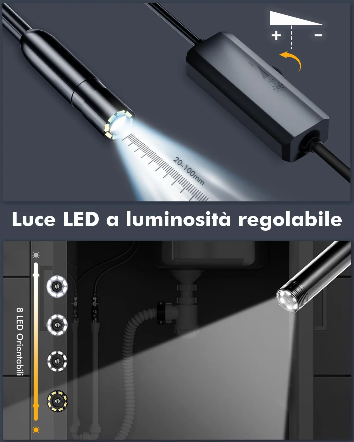 Endoscopio HD 1920P per Smartphone con Sonda Semirigida Impermeabile 8 LED 5M Android iOS iPad