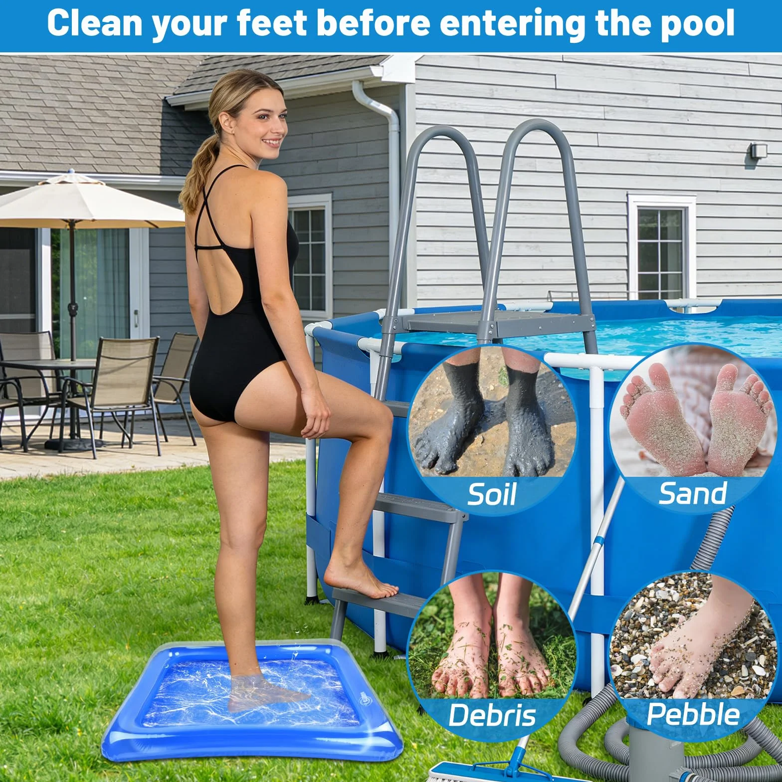 Pediluvio Gonfiabile per Piscina, Bacinella Gonfiabile per Pediluvio, Vaschetta Lavapiedi per Piscina con Pompa dell'aria, Accessori per Scale di Ingresso Piscina, Piagge (D)