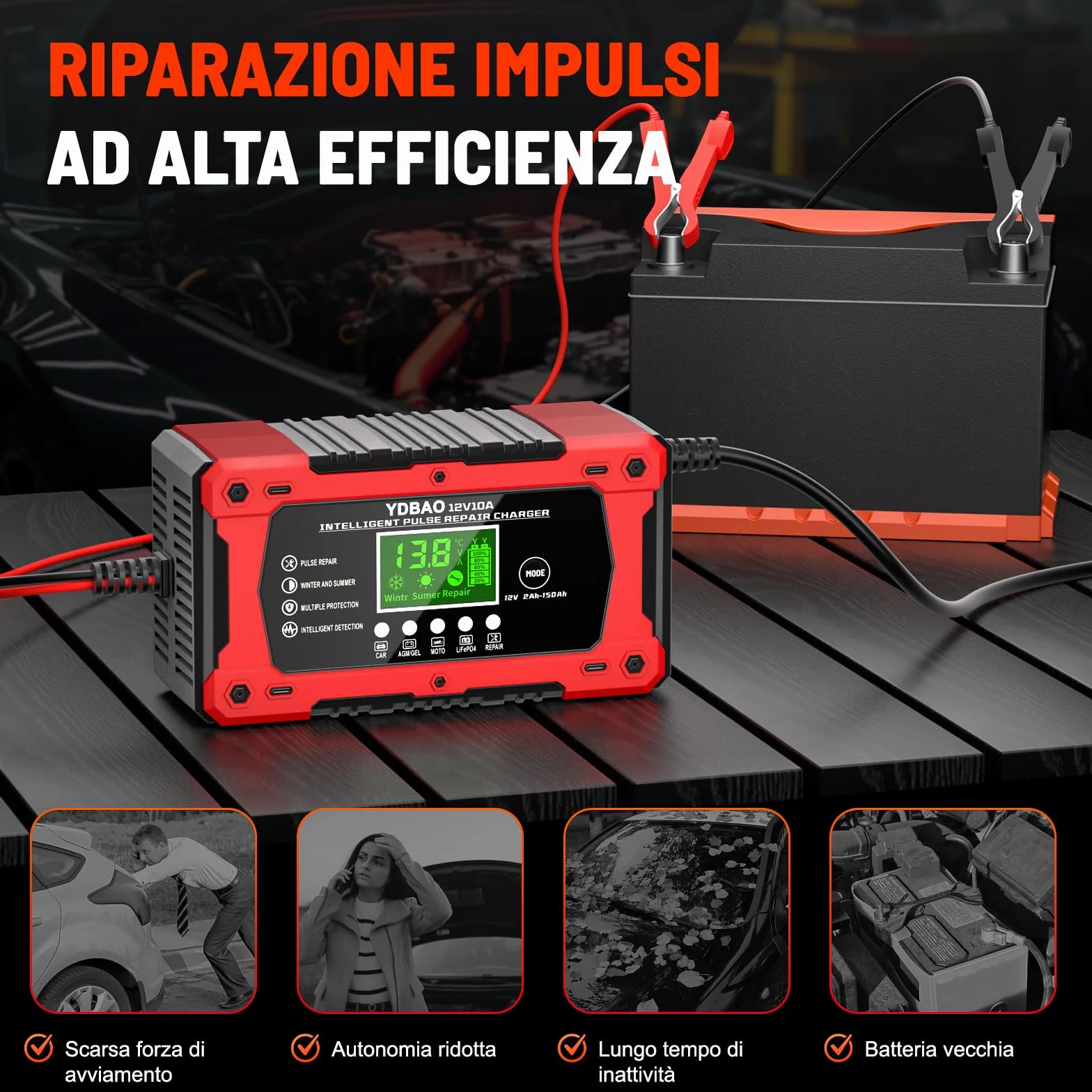 Caricabatterie Auto 10A 12V Multi Protezioni Intelligente Mantenitore con Schermo LCD per Moto Barche AGM LiFePO4