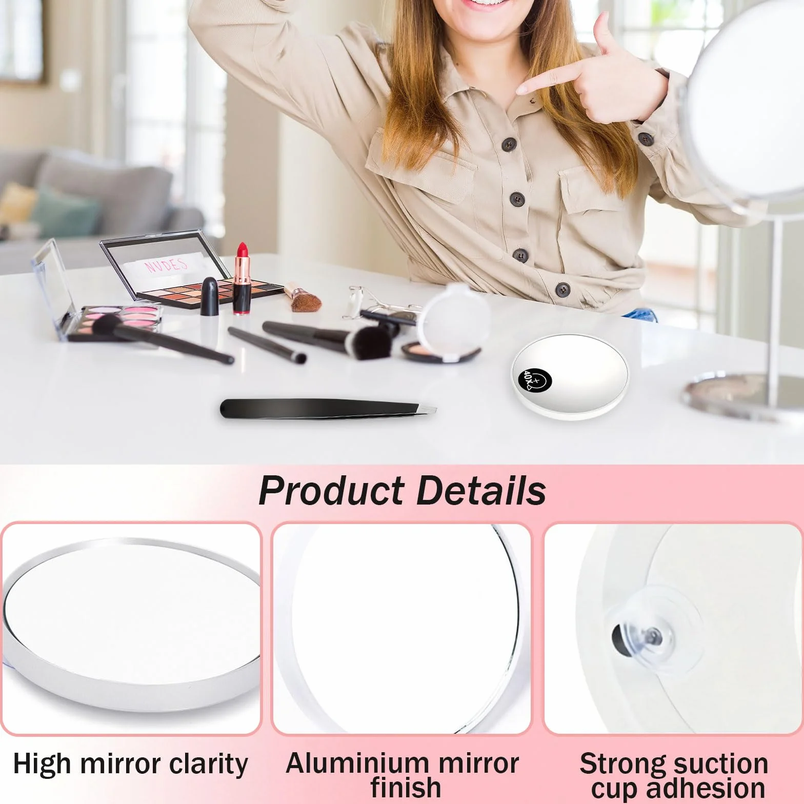 Dreamil 40X Specchio ingranditore con ventosa e pinzette cosmetico professionale per trucco e sopracciglia nero