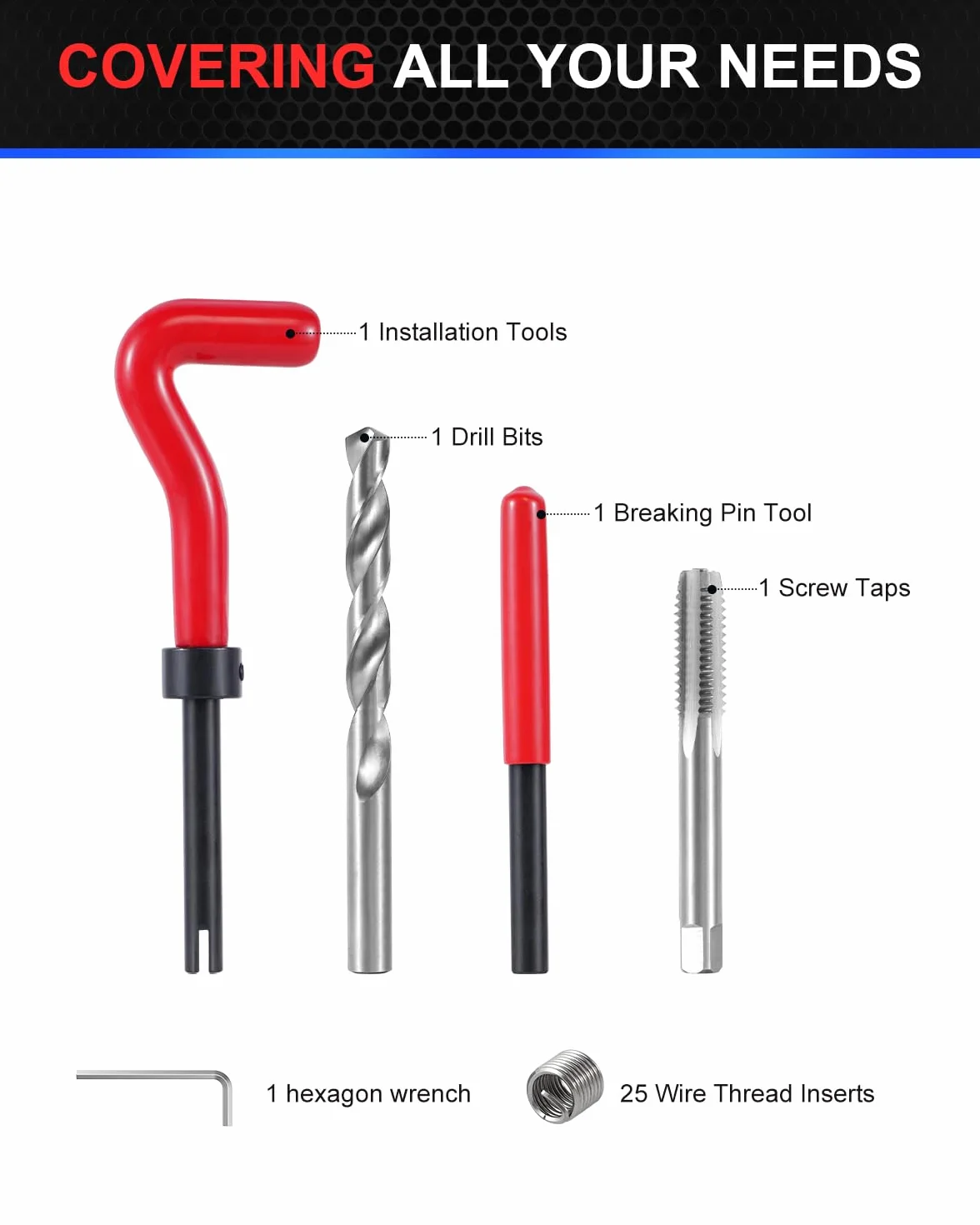 Kit riparazione filettatura UNC3/8-16 SAE Helicoil con punte HSS, inserti e rubinetti