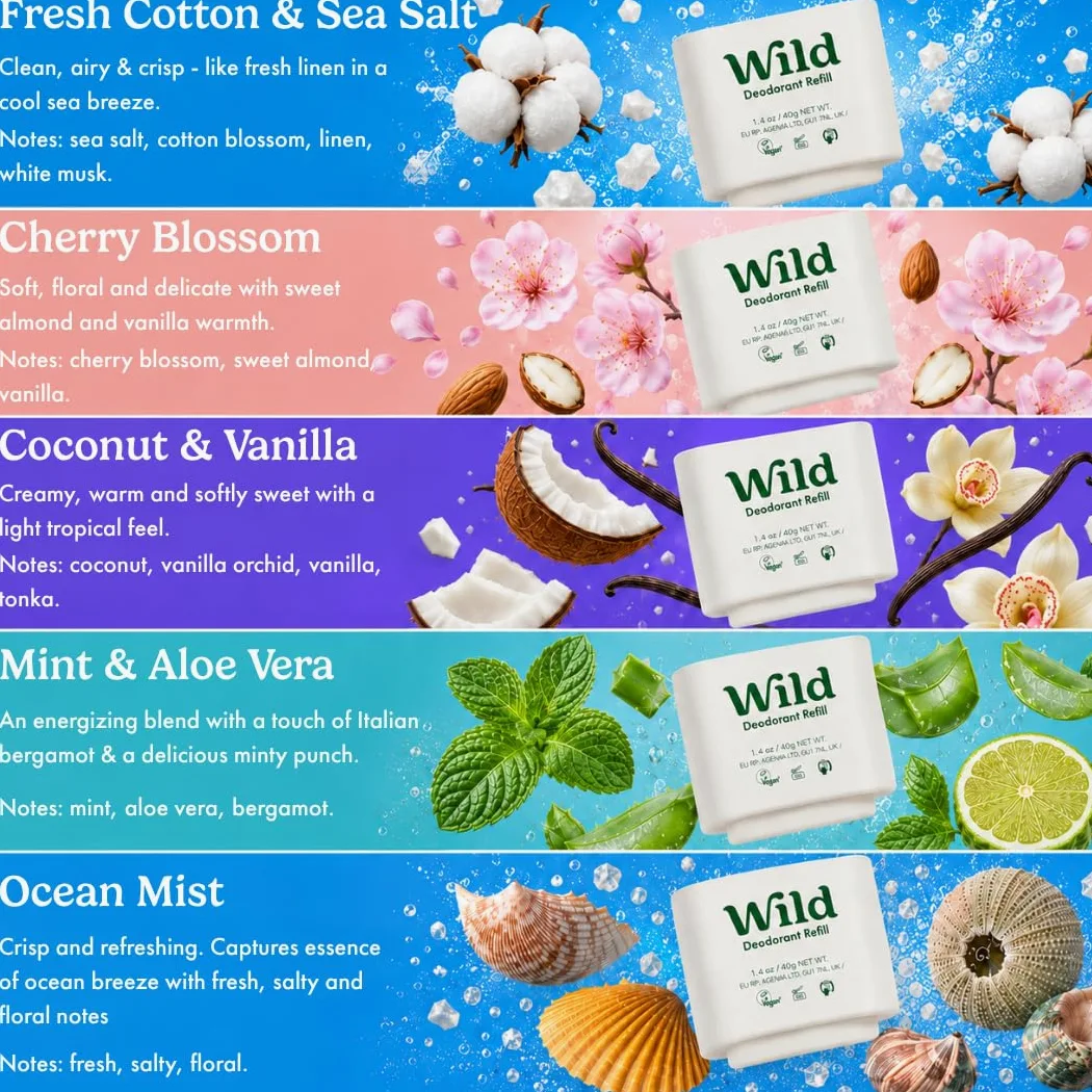 Wild - Deodorante Naturale Ricaricabile - Astuccio Viola con Varie Ricariche - Incluse Cotton & Sea Salt, Cherry Blossom, Coconut & Vanilla, Mint & Aloe Vera, Ocean Mist