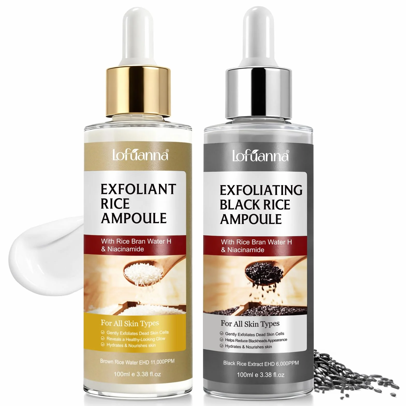 Siero Coreano Esfoliante al Riso Skincare,Peeling Viso Riso 100ml+ Riso Nero 100ml,Esfoliante Delicato con AHA BHA e Niacinamide, Rimuove Cellule Morte,Riduce Pori e Punti Neri,Pelle Liscia e Luminosa