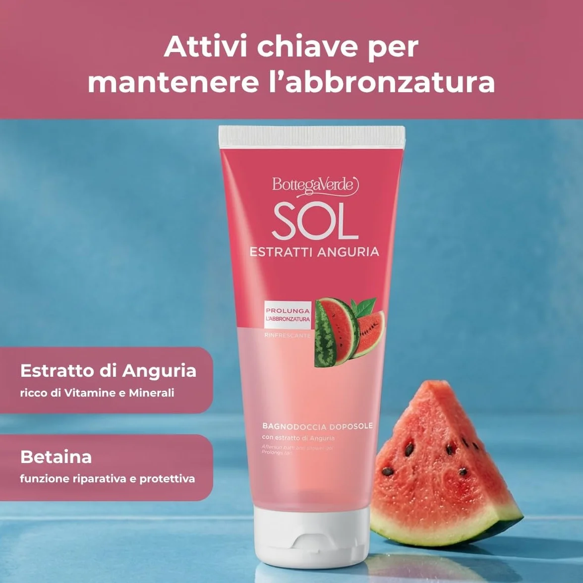 Bottega Verde - SOL Estratti Anguria, Bagnodoccia Doposole, 200 ml, Prolunga l'Abbronzatura, con Estratto di Anguria, Azione Rinfrescante, per Tutti i Tipi di Pelle