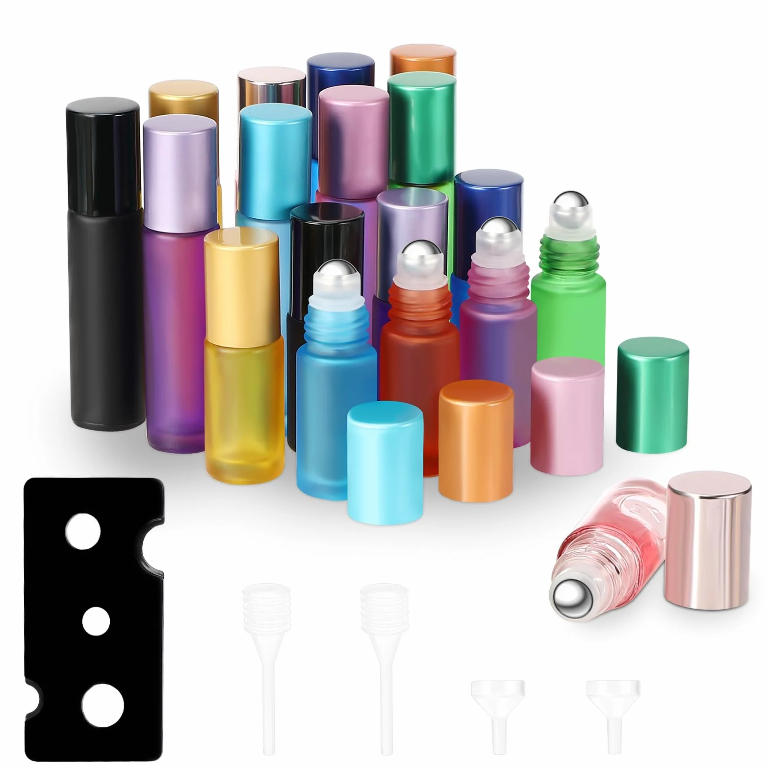 Zikenis 18 Pezzi Bottiglia a Rullo di Olio Essenziale, 10ml 5ml Colore Bottiglie Flaconcini Vuoti con Sfera in Acciaio Inossidabile Cavatappi Imbuto Contagocce, per Olio Essenziale Profumi, Massaggi