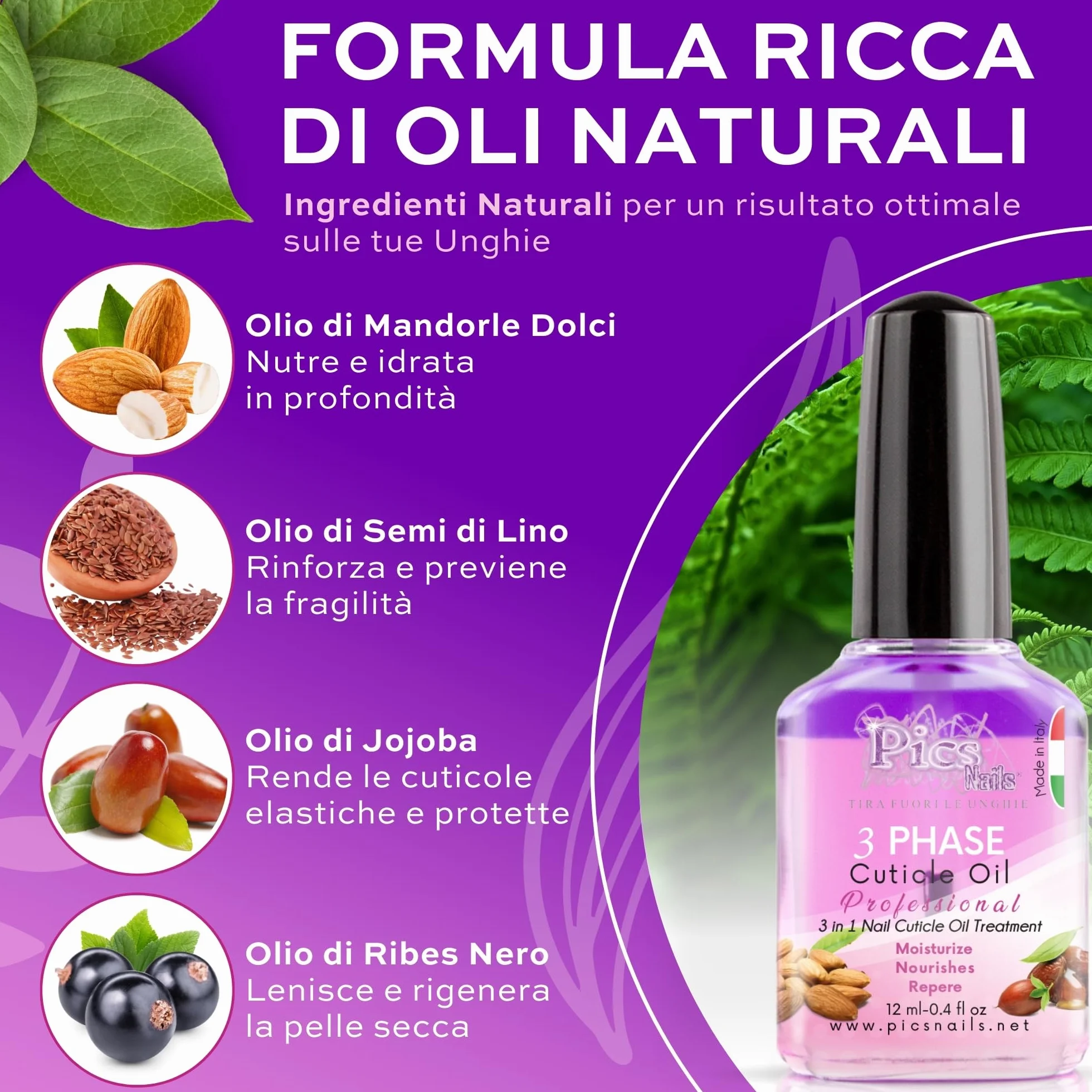 Olio Cuticole Unghie Premium 12ml | Made in Italy | Formula per Cura delle Cuticole Con Olio di Ribes Nero, Mandorle,Jojoba e Semi di Lino - Rigenerante ed Idratante per Cuticole Secche e Irritate