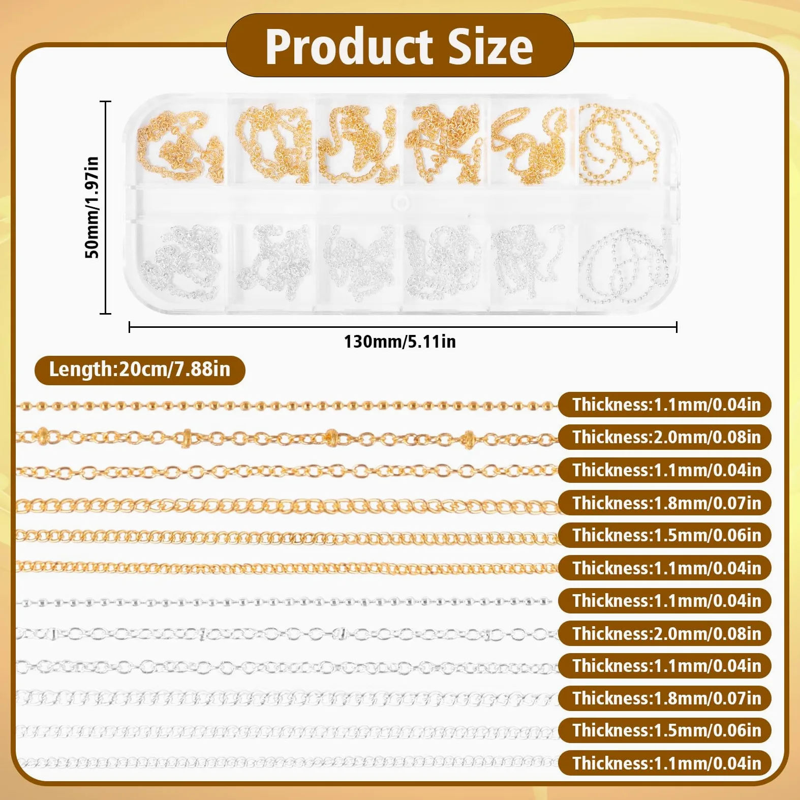 12 strisce di catene per nail art e perline in metallo per unghie (argento + oro) per nail art acrilica, catene dorate, piccole gemme rotonde per manicure fai da te accessori