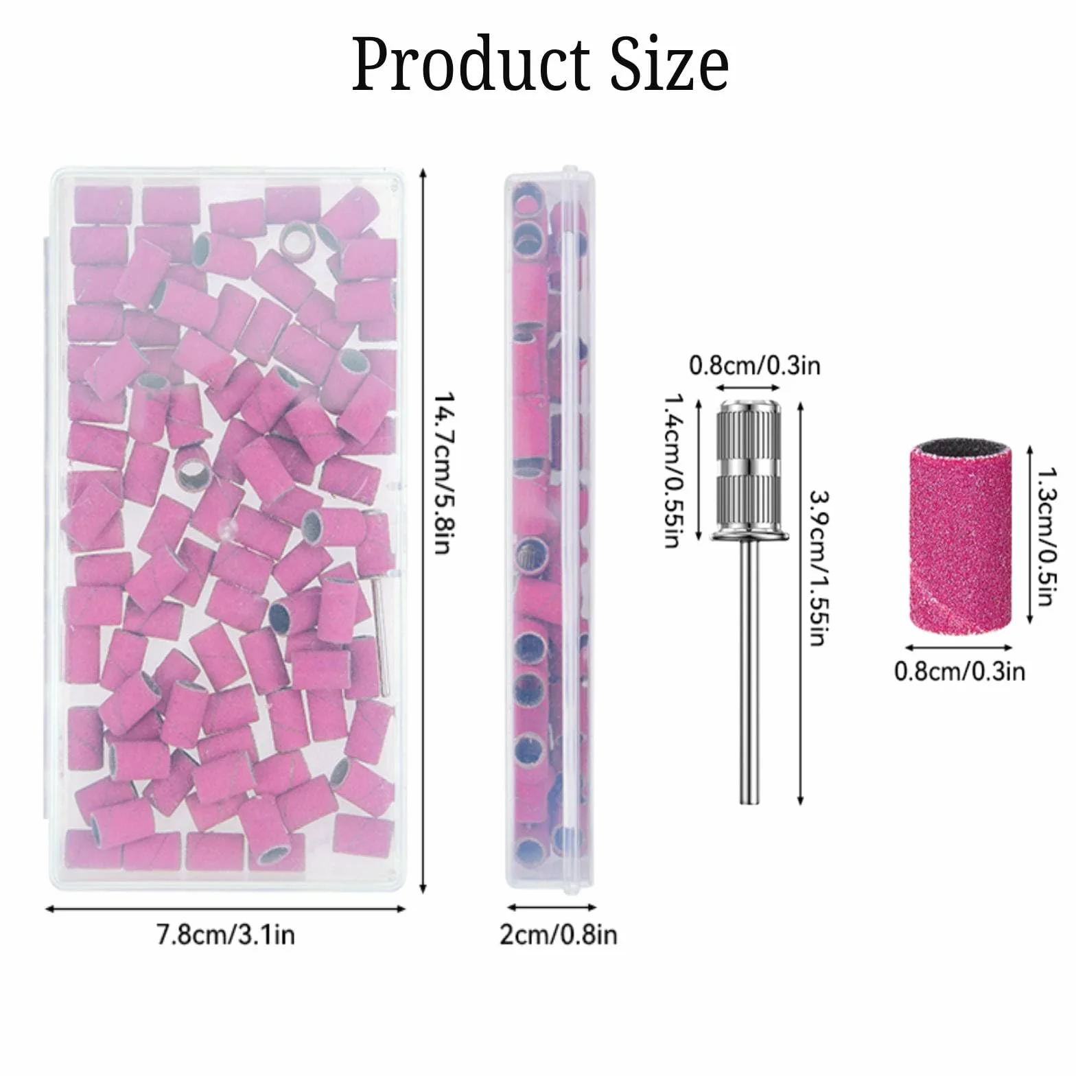 Cilindri Abrasivi Fresa Unghie 100Pz, Grana 180 Bande per Levigatura Unghie Rosa, Bande Levigatrici per Trapano Unghie con 2 Pz Frese 3/32” e Scatola per Accessori Beauty Manicure e Pedicure