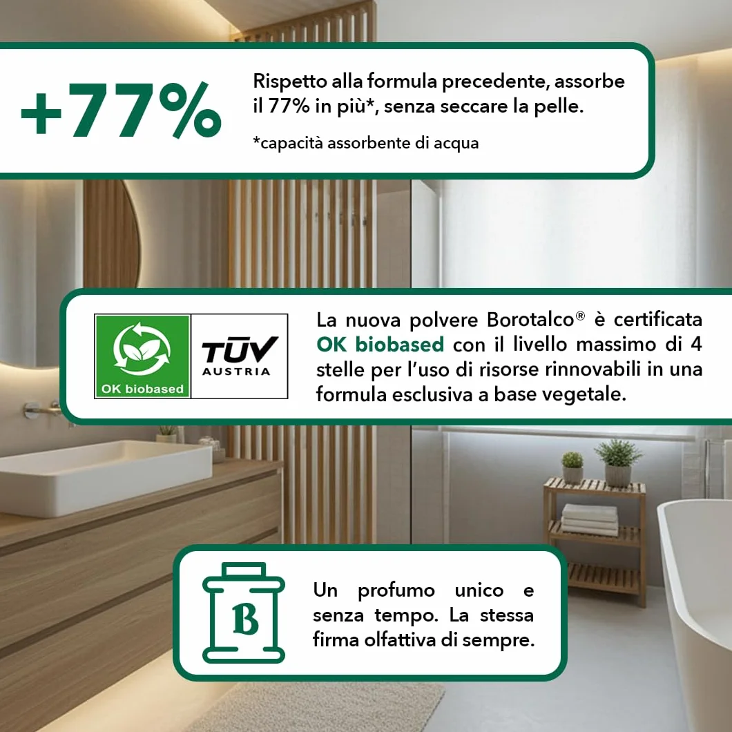 Borotalco, Polvere con Talco Vegetale, Azione Rinfrescante e Assorbente, per Pelli Sensibili, Formula 100% Vegetale, Profumo di Borotalco, Dermatologicamente Testato, Barattolo 70 g