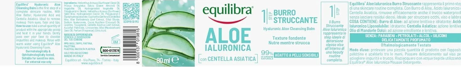 Equilibra Aloe Ialuronica Burro Struccante Viso 80ml z Aloe, Kwas Hialuronowy i Centella Asiatica