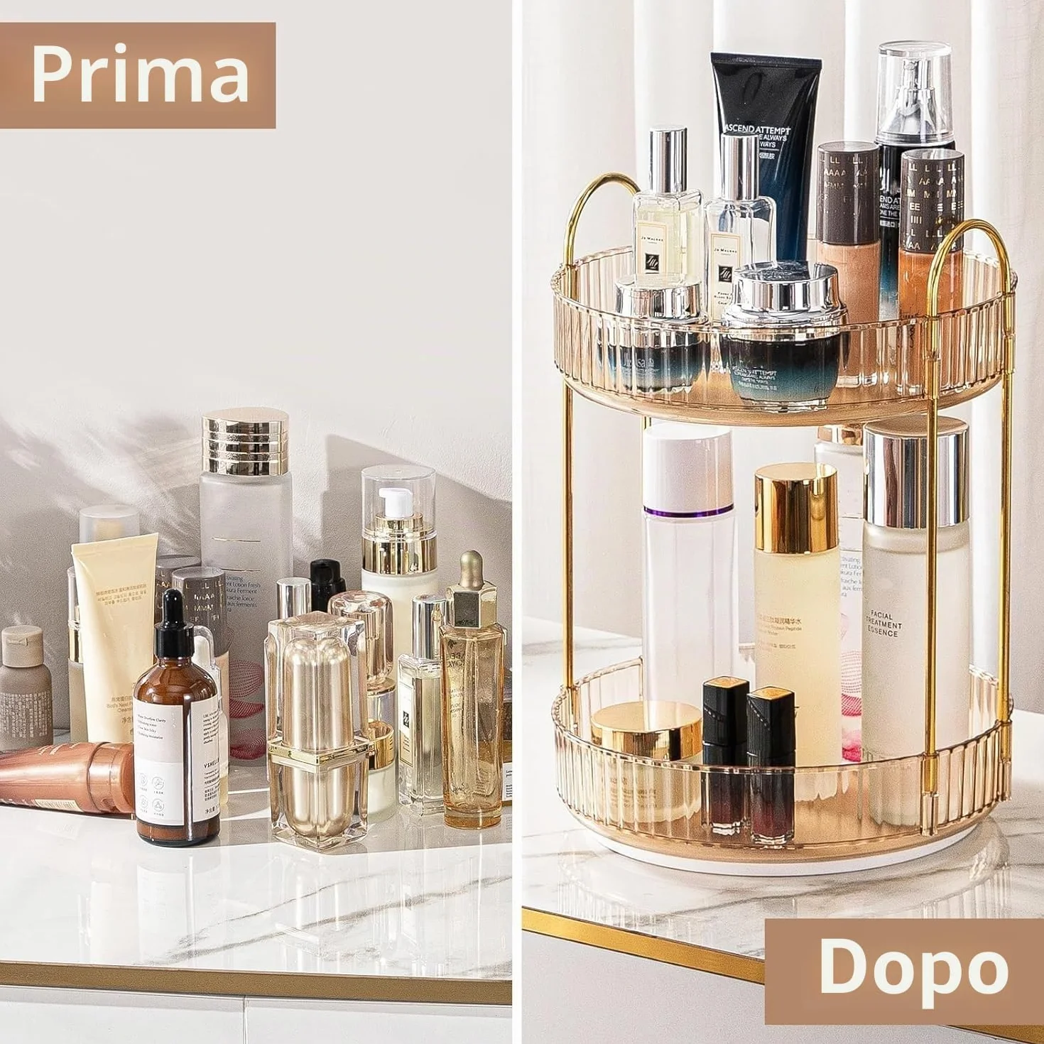 Organizzatore di Trucco Rotante a 360° Grande Capacità per Cosmetici Profumi Cura della Pelle Bagno 2 Strati Ambra