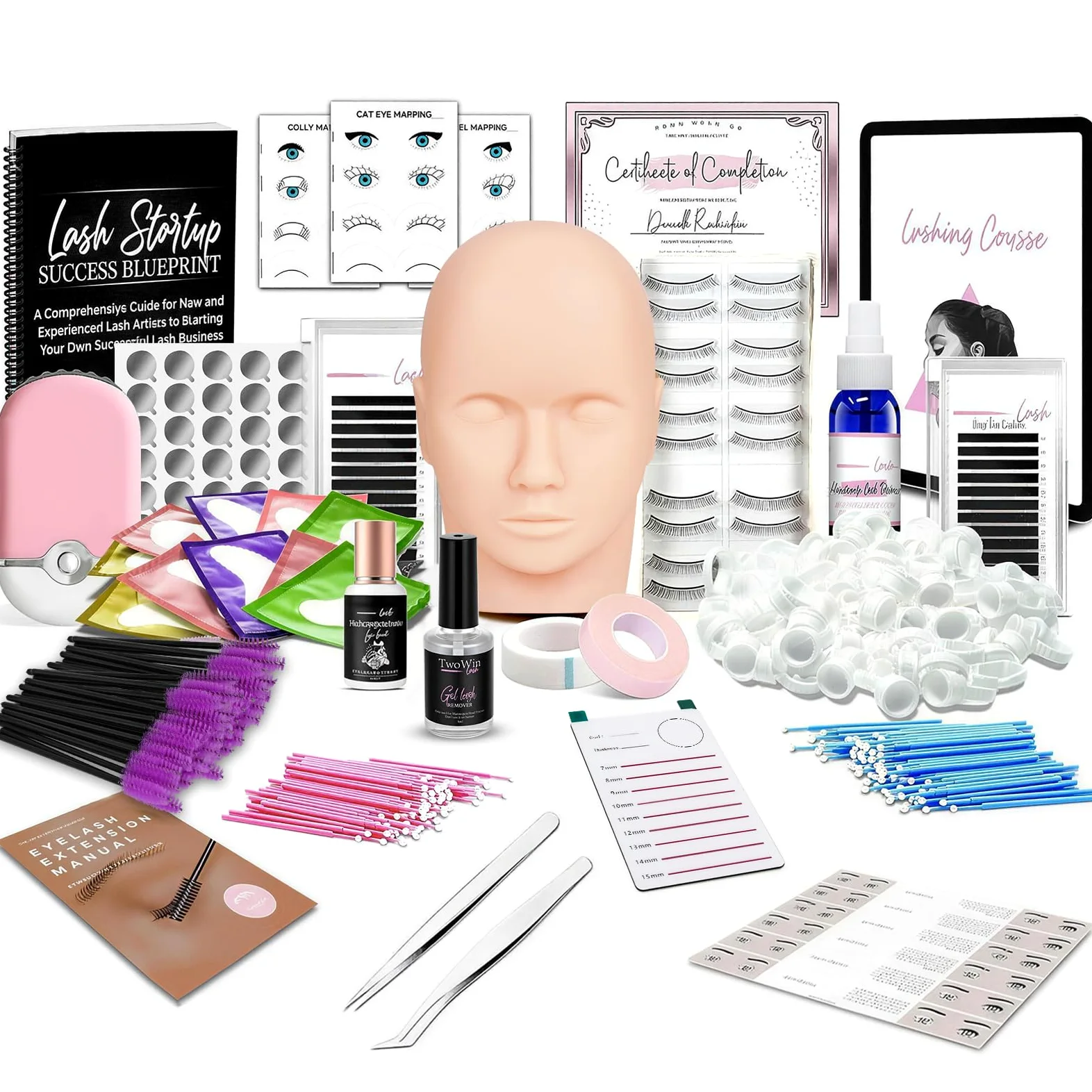 TwoWin Kit per Extension di Ciglia, Testa di Manichino Professionale | per Formazione e Pratica di Extension di Ciglia per Principianti, Forniture per Estetiste e Cosmetologia