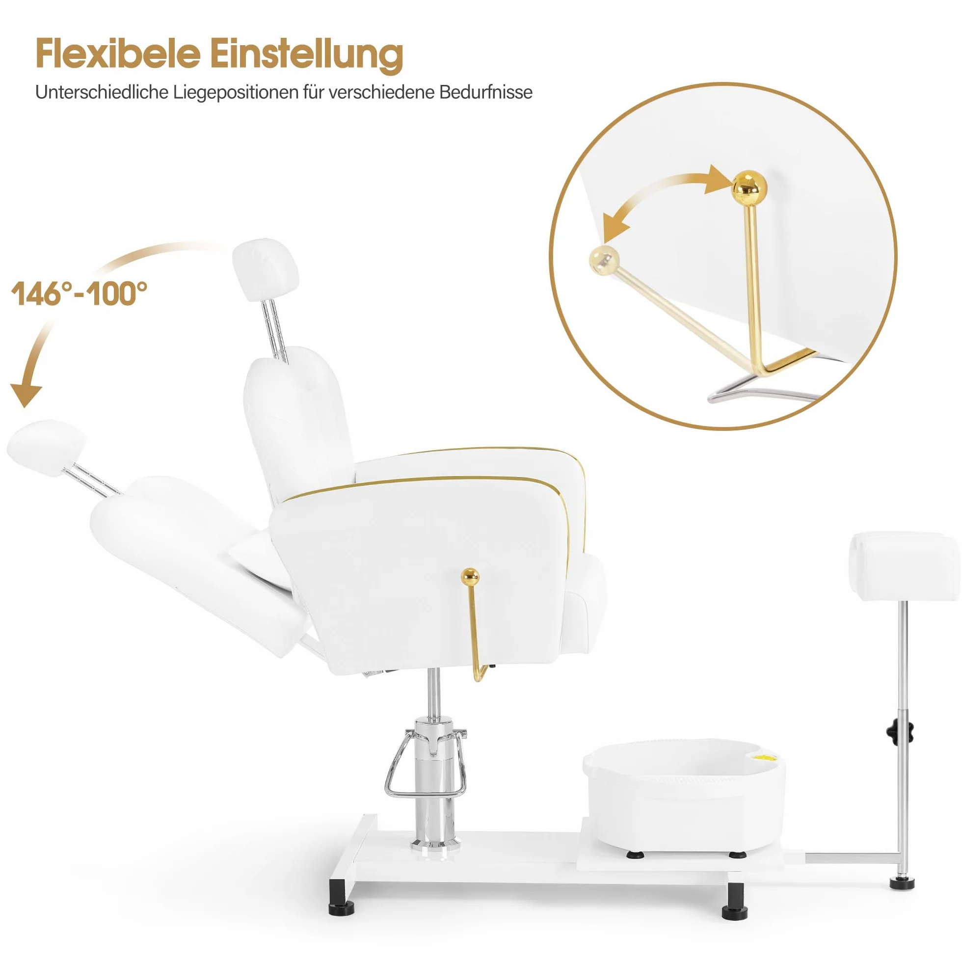Barberpub Sedia da pedicure con vasca e sgabello, sedia da parrucchiere regolabile e inclinabile, per salone unghie retro F0371 (Oro-Bianco)