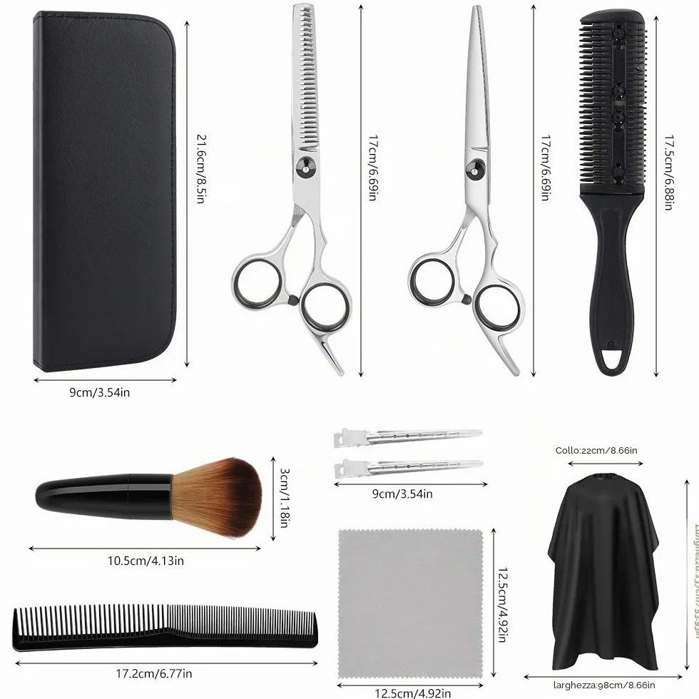 Set Forbici da Parrucchiere Professionale 10 Pezzi con Mantella e Rasoio