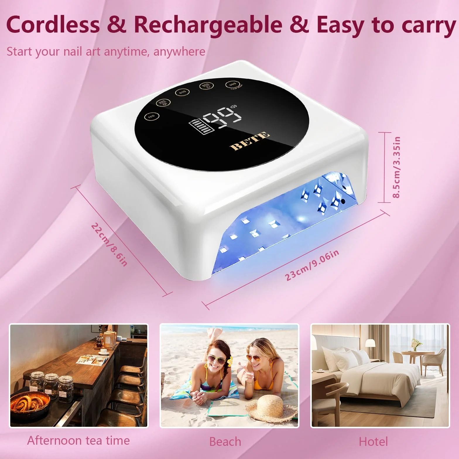 BETE Lampada per unghie a LED senza fili, UV ricaricabile da 78 W, con sensore a infrarossi e display LCD, asciuga unghie portatile con 5 impostazioni di timeout (Bianco)
