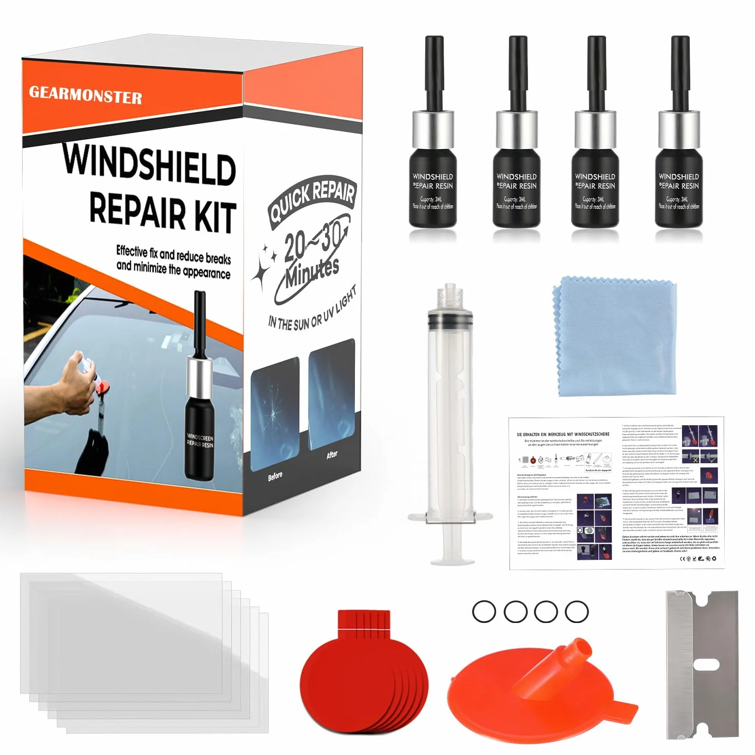GEARMONSTER Kit di riparazione del parabrezza per auto, liquido e accessori