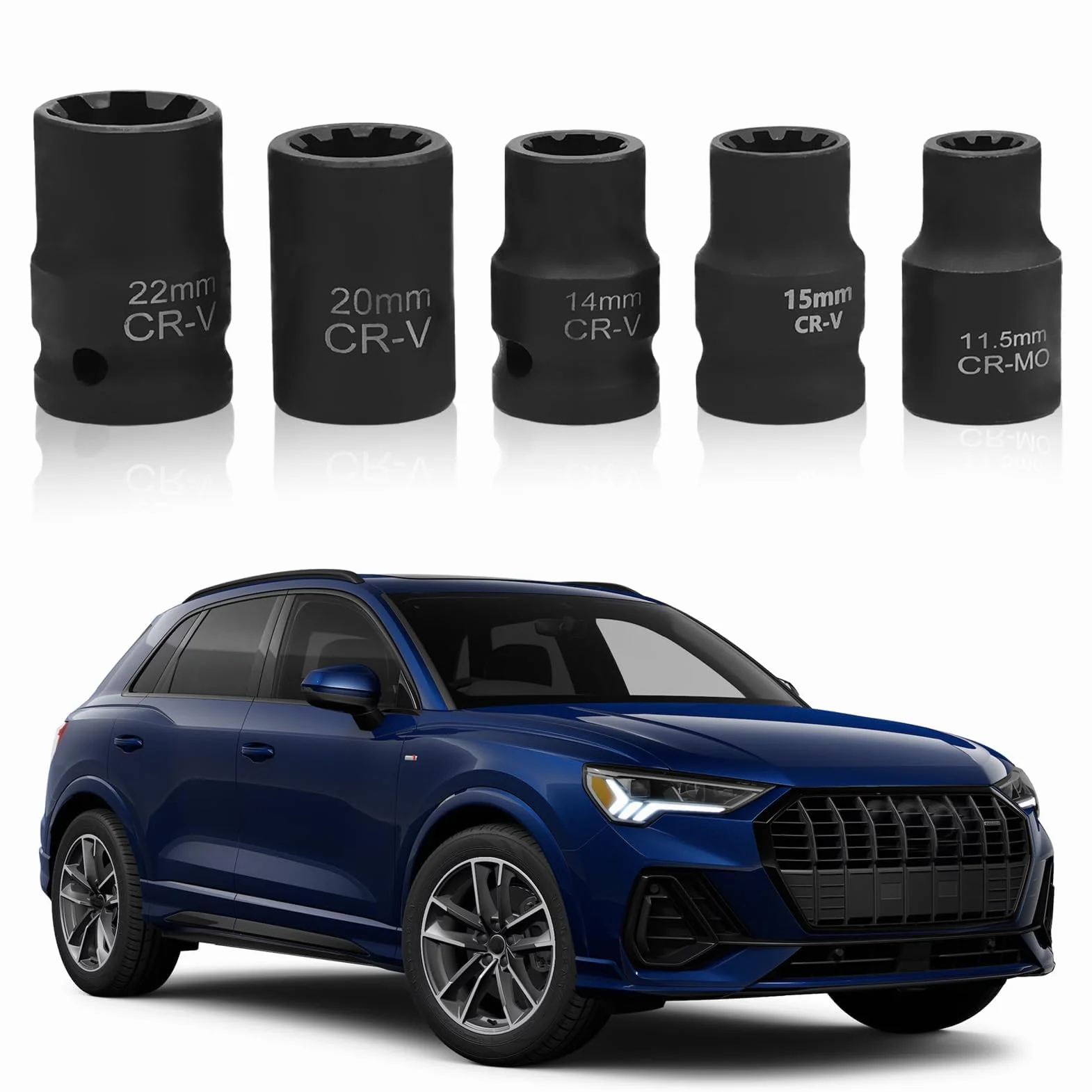 Set di 5 bussole per pinze freno 11,5 14 15 20 22 mm utensili ricambio pastiglie freno nero compatibile VW Audi Porsche