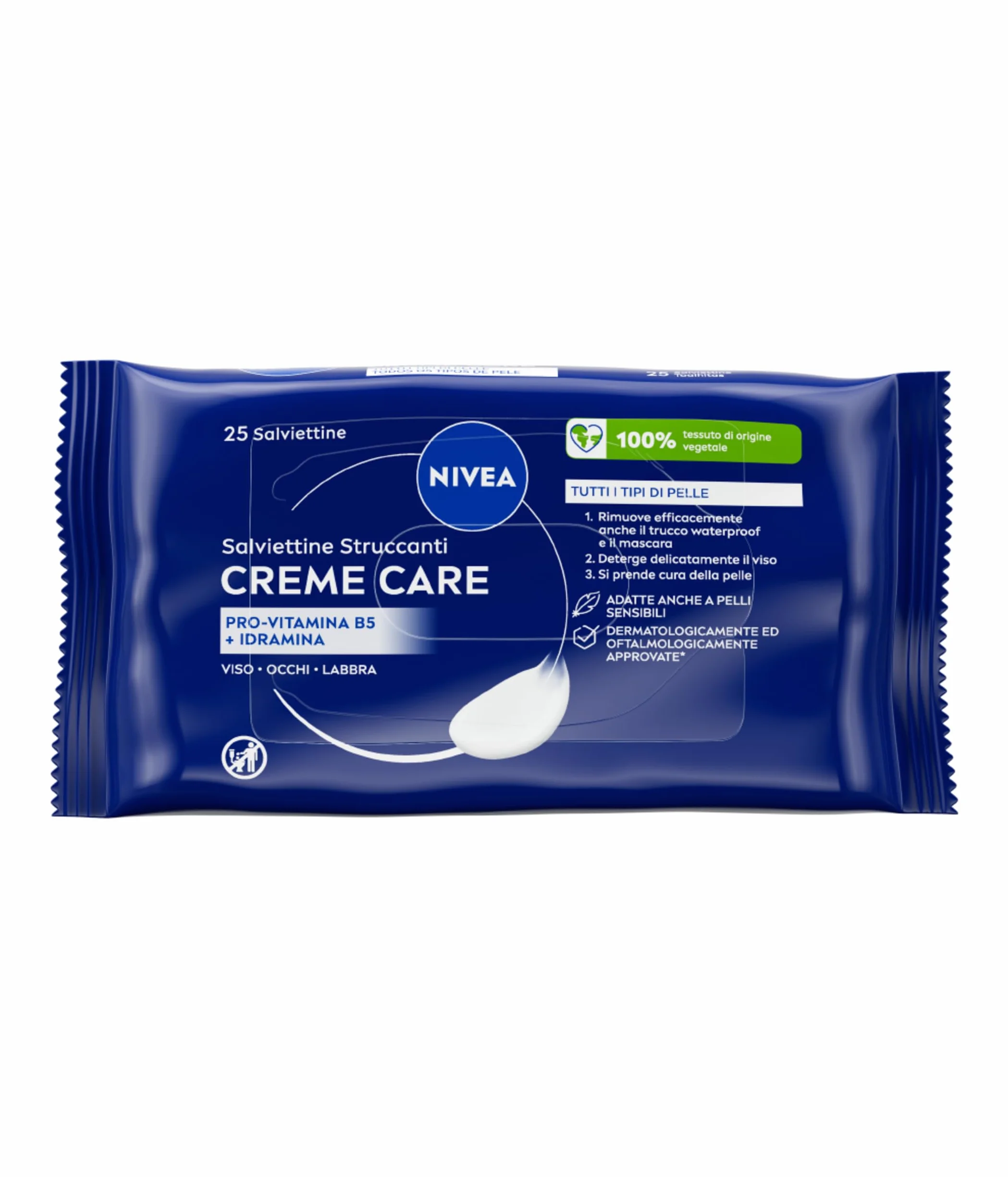 NIVEA Salviettine Struccanti Creme Care 25 Pezzi, Struccante viso e occhi e labbra per trucco waterproof, Con Pro-Vitamina B5 e Idramina, Detergente viso nutriente per tutti i tipi di pelle