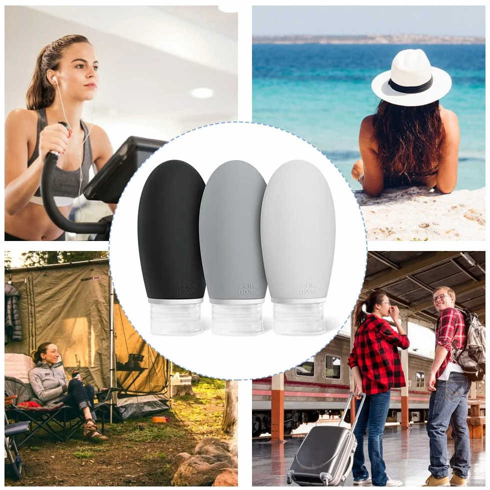Opret Bottiglie da Viaggio 100ml in Silicone, 3 Pezzi Kit Contenitori da Viaggio Flaconi con Custodia per Shampoo, Liquidi and Lozione, Nessun BPA
