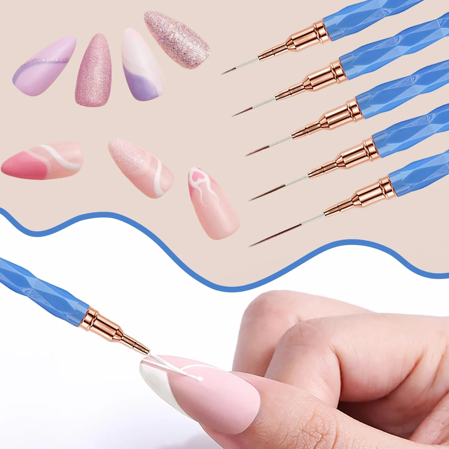 Pennelli per Nail Art, 5 Pezzi Pennelli Liner di Precisione, Pennelli per Unghie per Disegnare Linee Fini Attrezzo per gel UV Disegno Fodera Unghie Strumenti Manicure,Blu