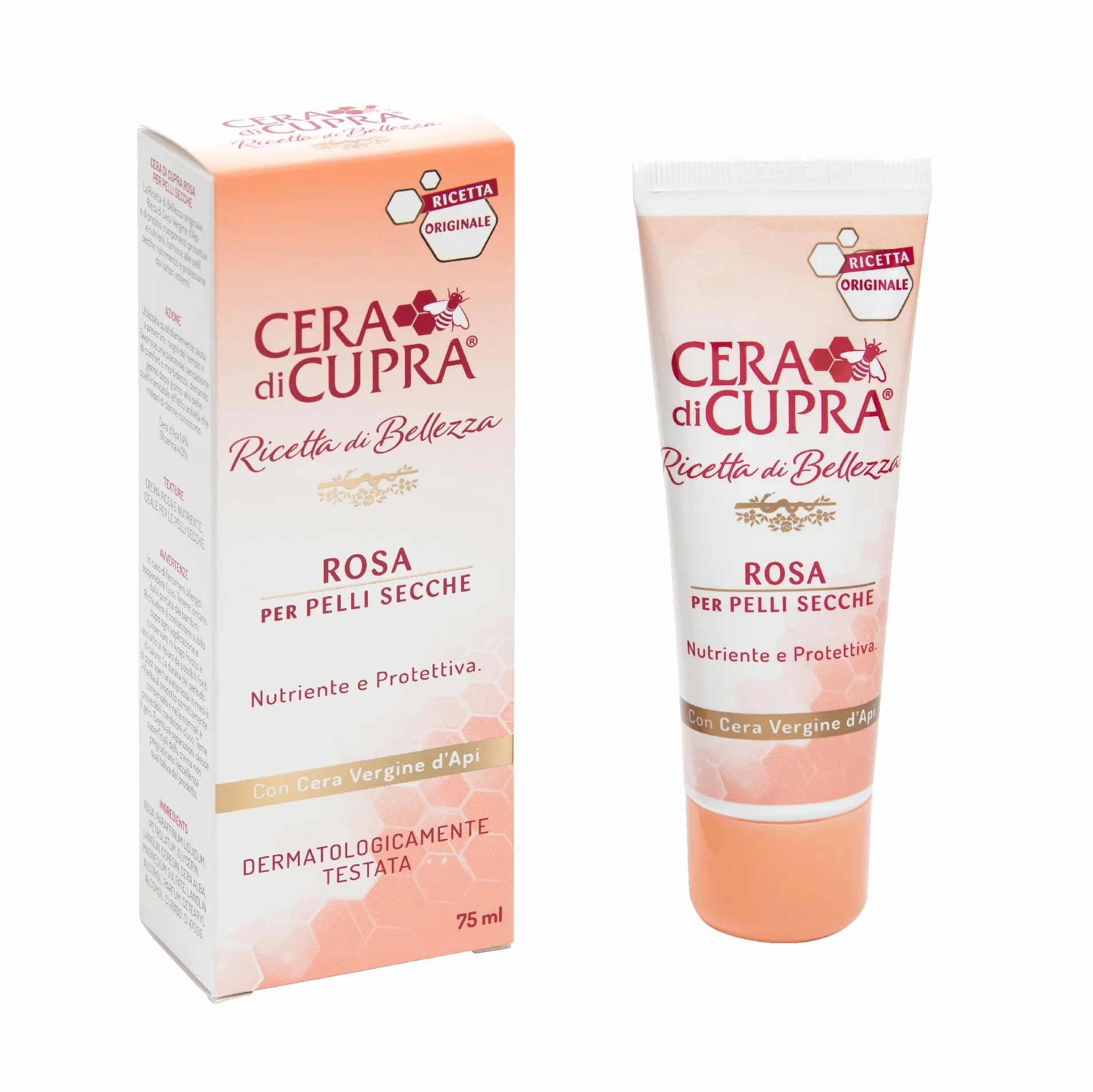 Cera di Cupra, Crema Rosa Formulazione Tradizionale, con Cera Vergine d'Api, Ricca di Componenti Protettivi, ad Azione Antietà, Made in Italy, Dermatologicamente Testata, Tubetto da 75 ml