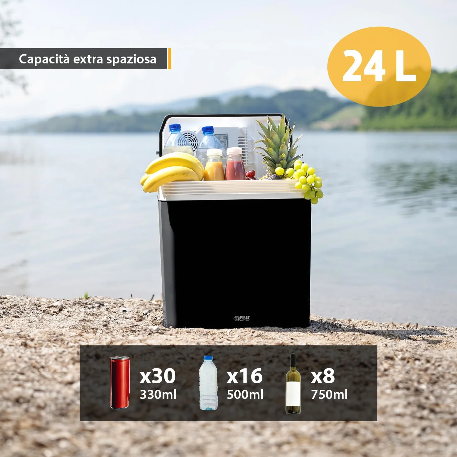 TZS First Austria Frigorifero portatile 24L 12V 230V termoelettrico raffredda riscalda Coolbox Nero