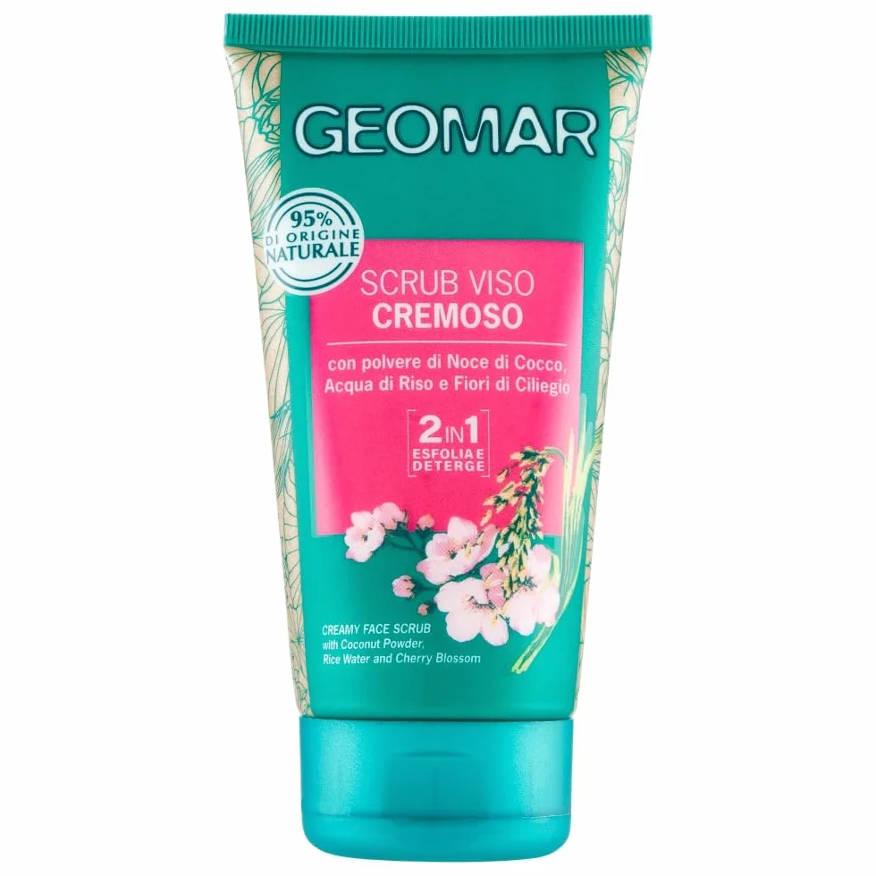 GEOMAR | Scrub Viso Detergente Cremoso, Con polvere di Noce di Cocco, Acqua di Riso e Fiori di Ciliegio, 95% di Origine Naturale, Made in Italy, 1 x 150 ml