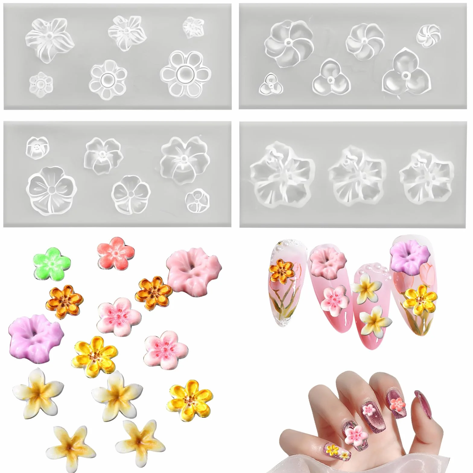 4 stampi in silicone per unghie a forma di fiore, stampi per nail art in gel 3D, stencil floreali, strumenti di design fai da te, accessori per manicure e decorazioni