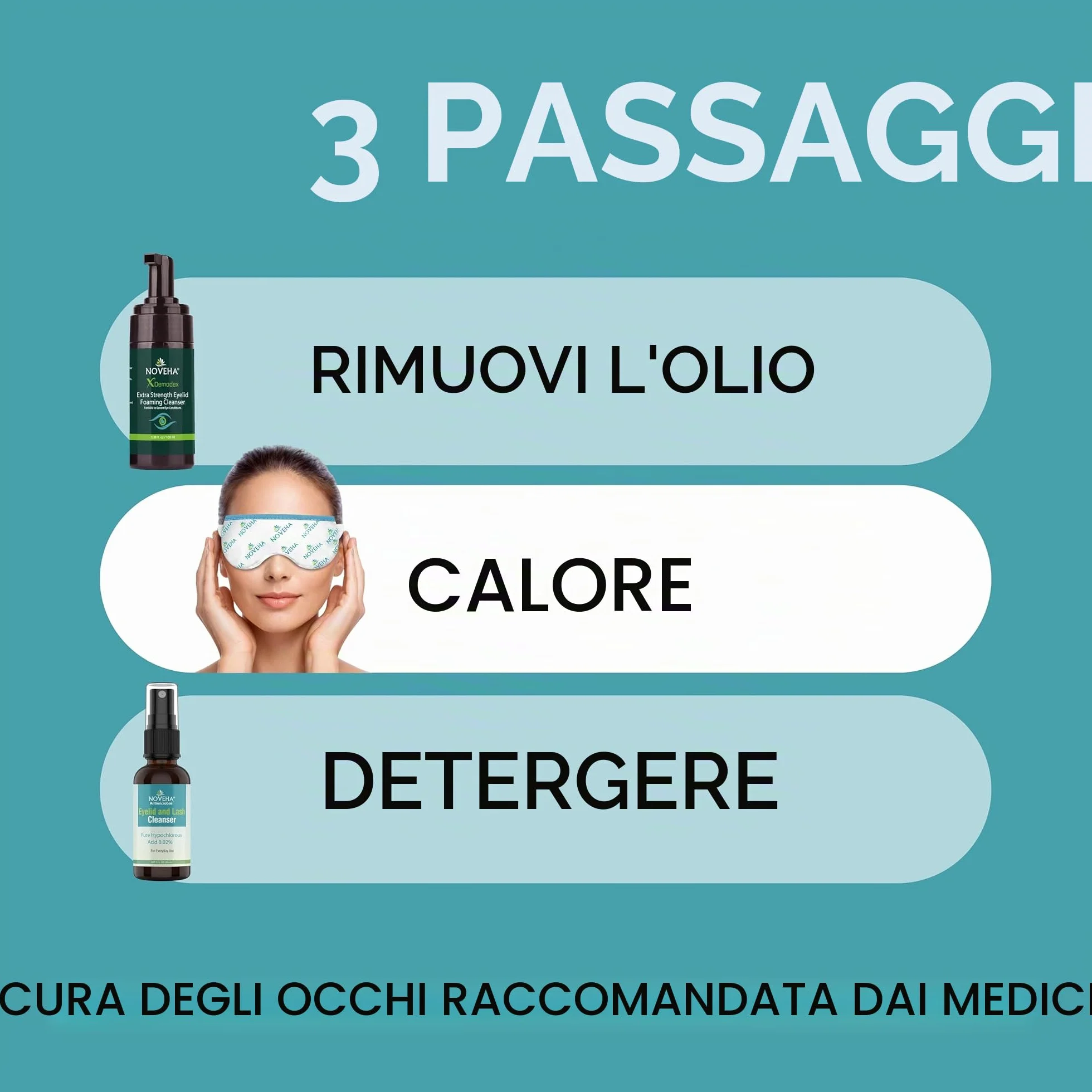 NOVEHA Schiuma Detergente Palpebrale per Demodex | Formula Extra Forte all'Olio di Tea Tree | Detergente Viso Quotidiano per Ciglia, Demodex, MGD, Orzocchi, Irritazioni Oculari e Secchezza Cutanea