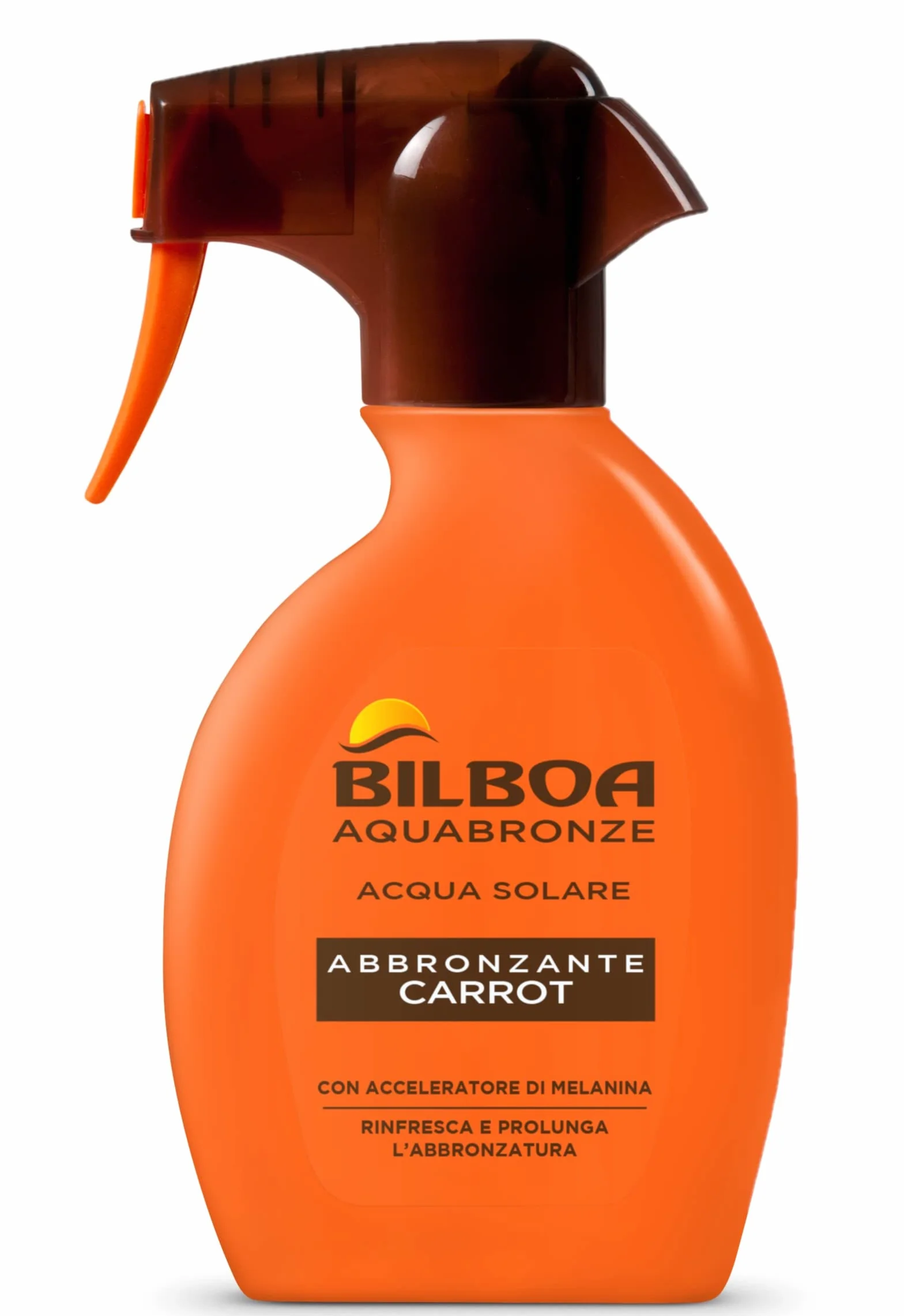 Bilboa Aquabronze Abbronzante Carrot, Acqua Solare Abbronzante con Cristalli di Mentolo e Attivatore di Melanina, Rinfresca la Pelle e Prolunga l'Abbronzatura, Dermatologicamente Testato, 250 ml