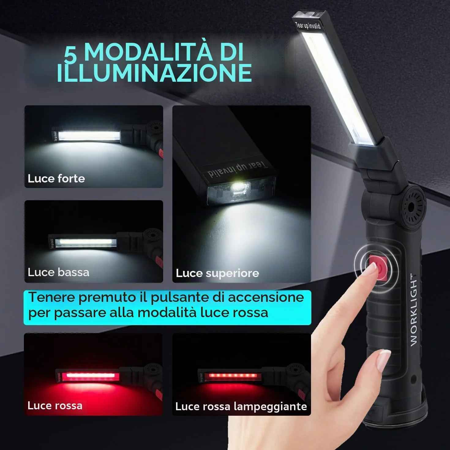 Torcia Magnetica Ricaricabile USB COB 5 Modalità Portatile con Gancio per Campeggio Esterna Autofficina