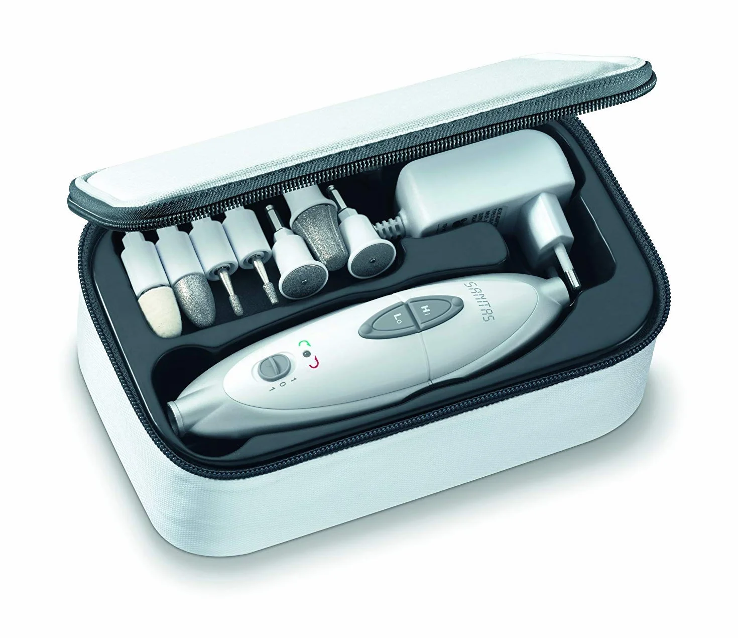 Sanitas SMA 35 - Fresa elettrica per Unghie con 7 Accessori per Manicure e Pedicure in zaffiro e feltro, Rotazione oraria e anti oraria, 4600 giri/min, 2 livelli di velocità