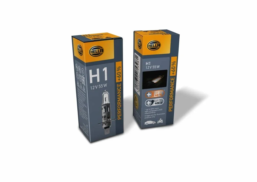 HELLA 8GH 223 498-211 Alogeno Lampadina H1 Performance +60% 12V 55W P14.5s