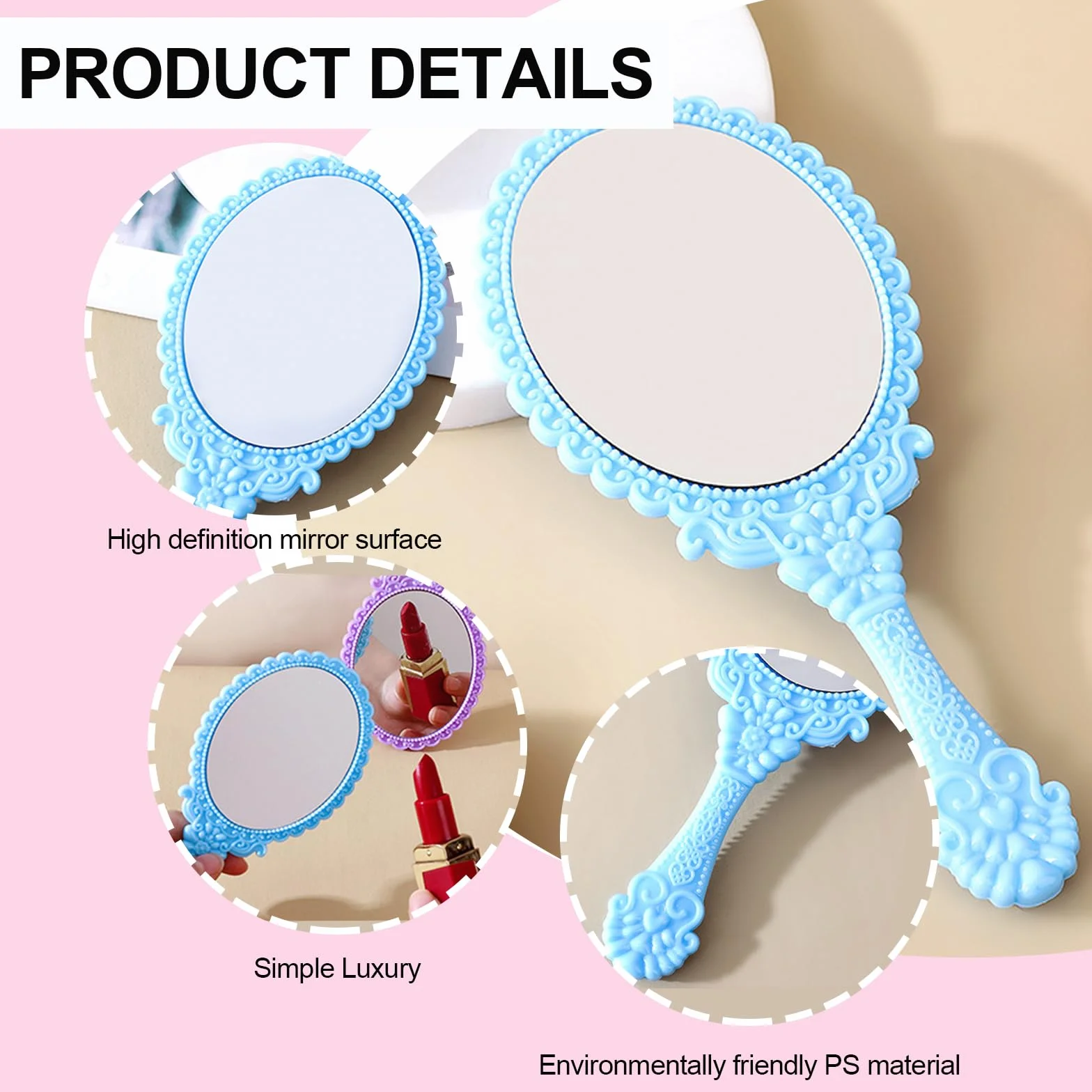 6PCS Specchietti Trucco con Manico per Viaggi Specchi Cosmetici Portatili, Casa e Campeggio - Colori Vivaci e Resistenti - 7 Pollici Lungo