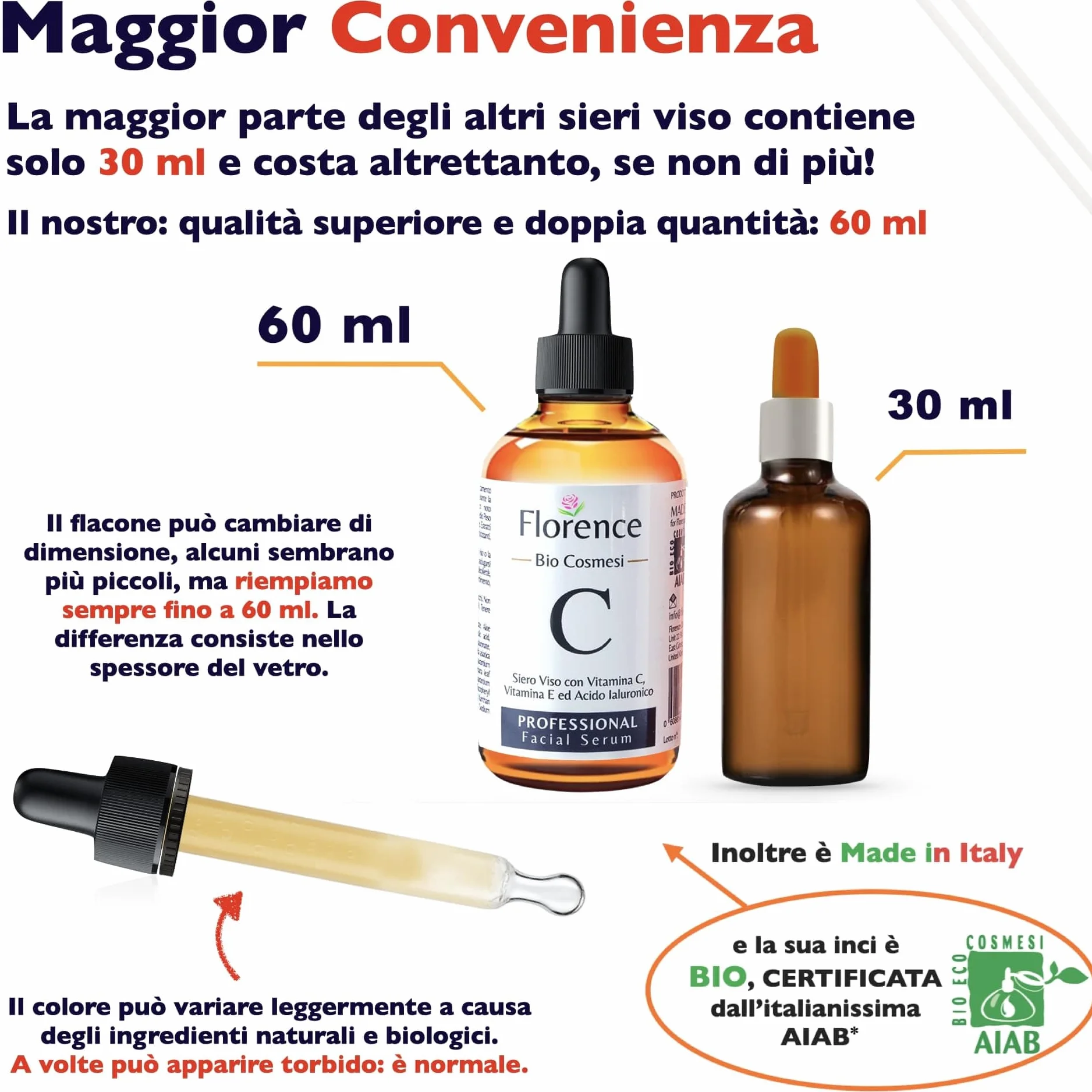 Bio Siero Vitamina C e Vit. E. Siero Viso Acido Ialuronico Antirughe, Antimacchie Illuminante, Antietà, 60ml
