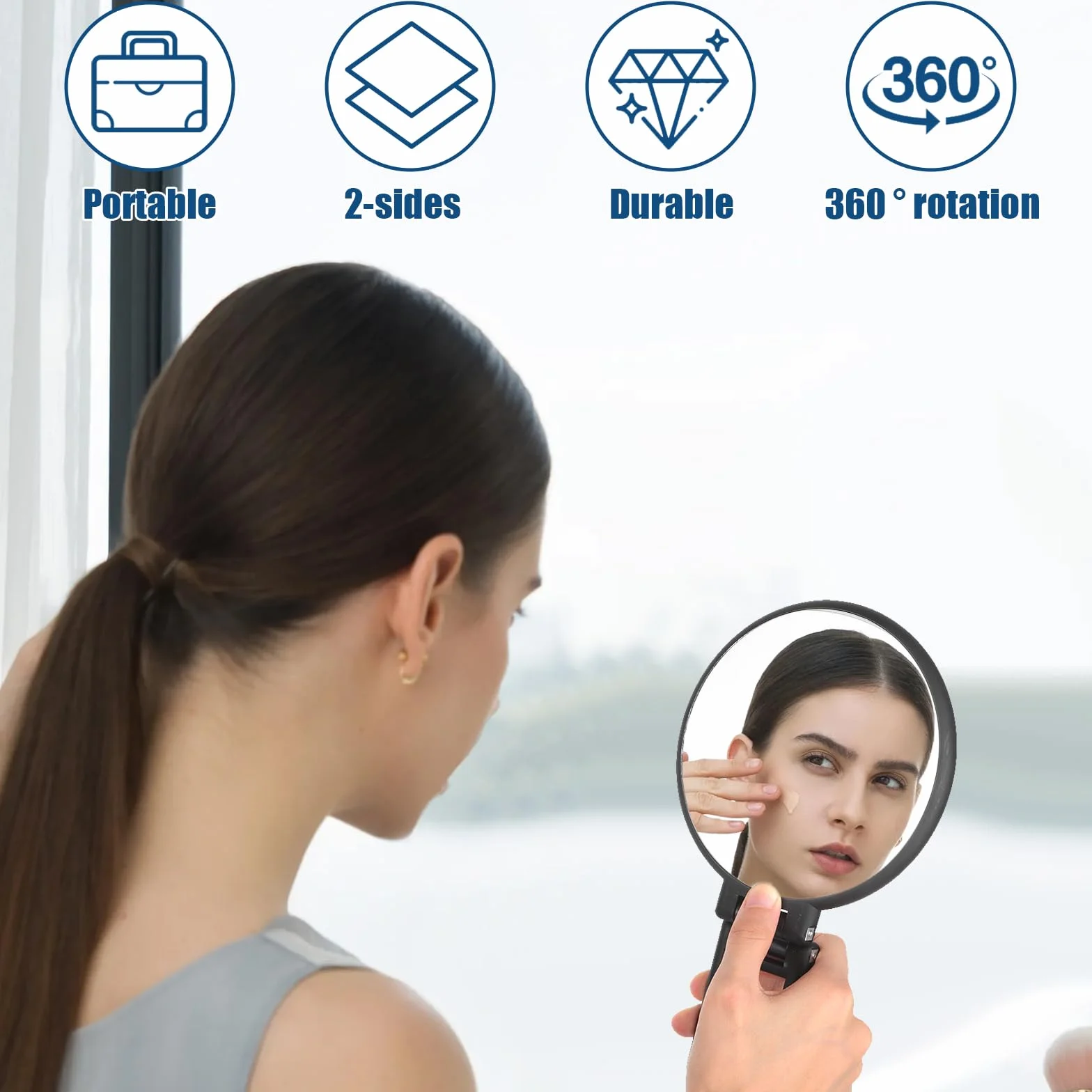 15X/1X Bifacciale Specchio Ingranditore, Specchietto con Manico Pieghevole, Rotondo Specchio Portatile, Specchio da Viaggio, Specchio Trucco per Make Up Spennare le Sopracciglia
