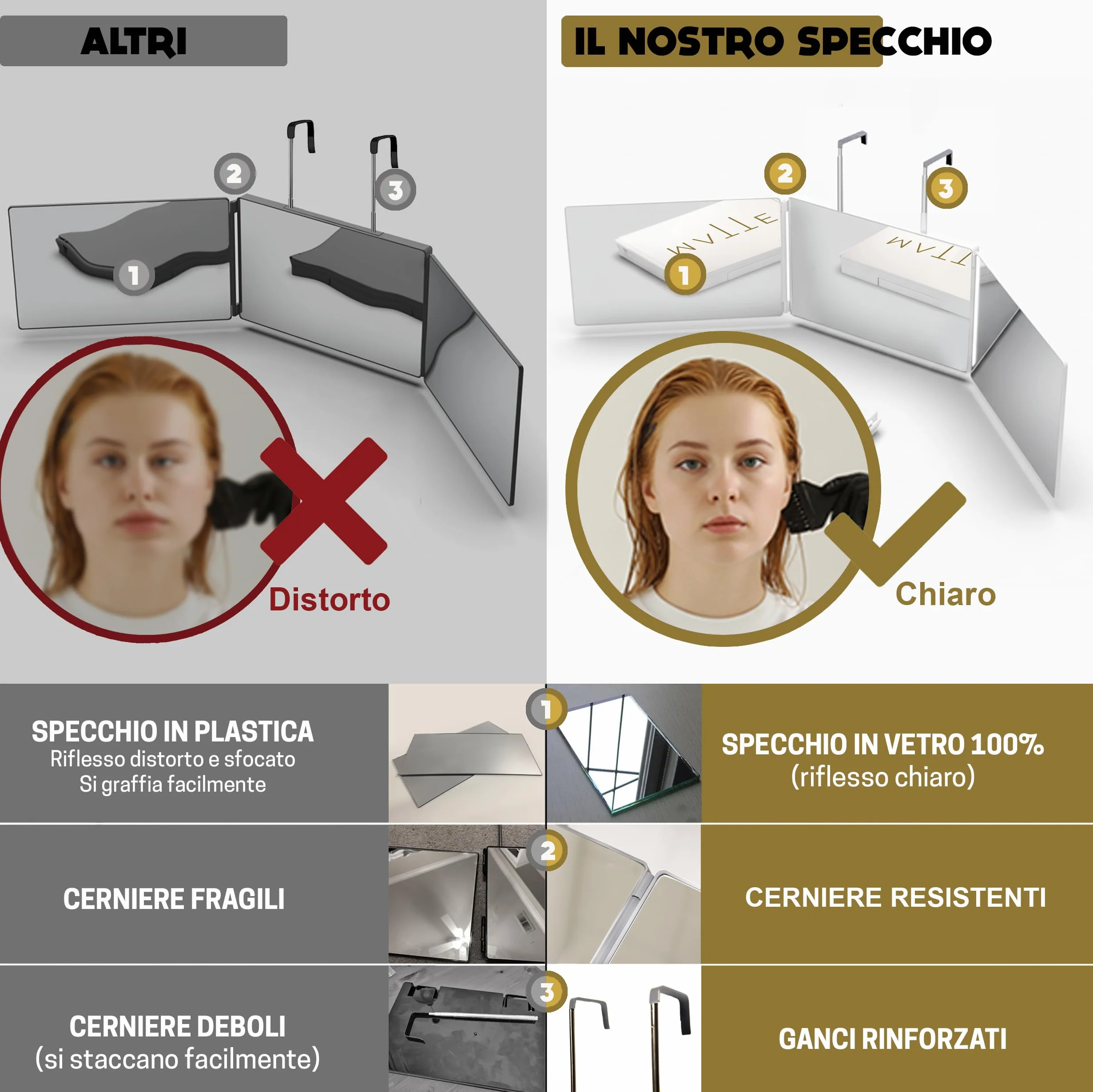 Specchio a 360 Gradi per Parrucchiere e Taglio per Donne - Altezza Regolabile con Gancio - Specchio Pieghevole a 3 Lati - Specchio da Donna per Parrucchiere - Specchio di Bellezza a