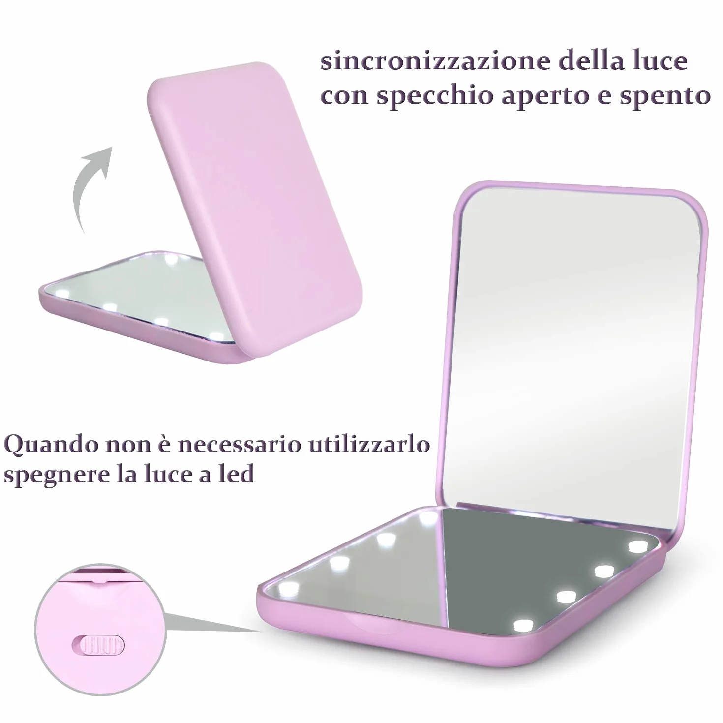 Specchio Portatile con Luce LED Pieghevole 1x/3x Ingranditore Trucco Viola