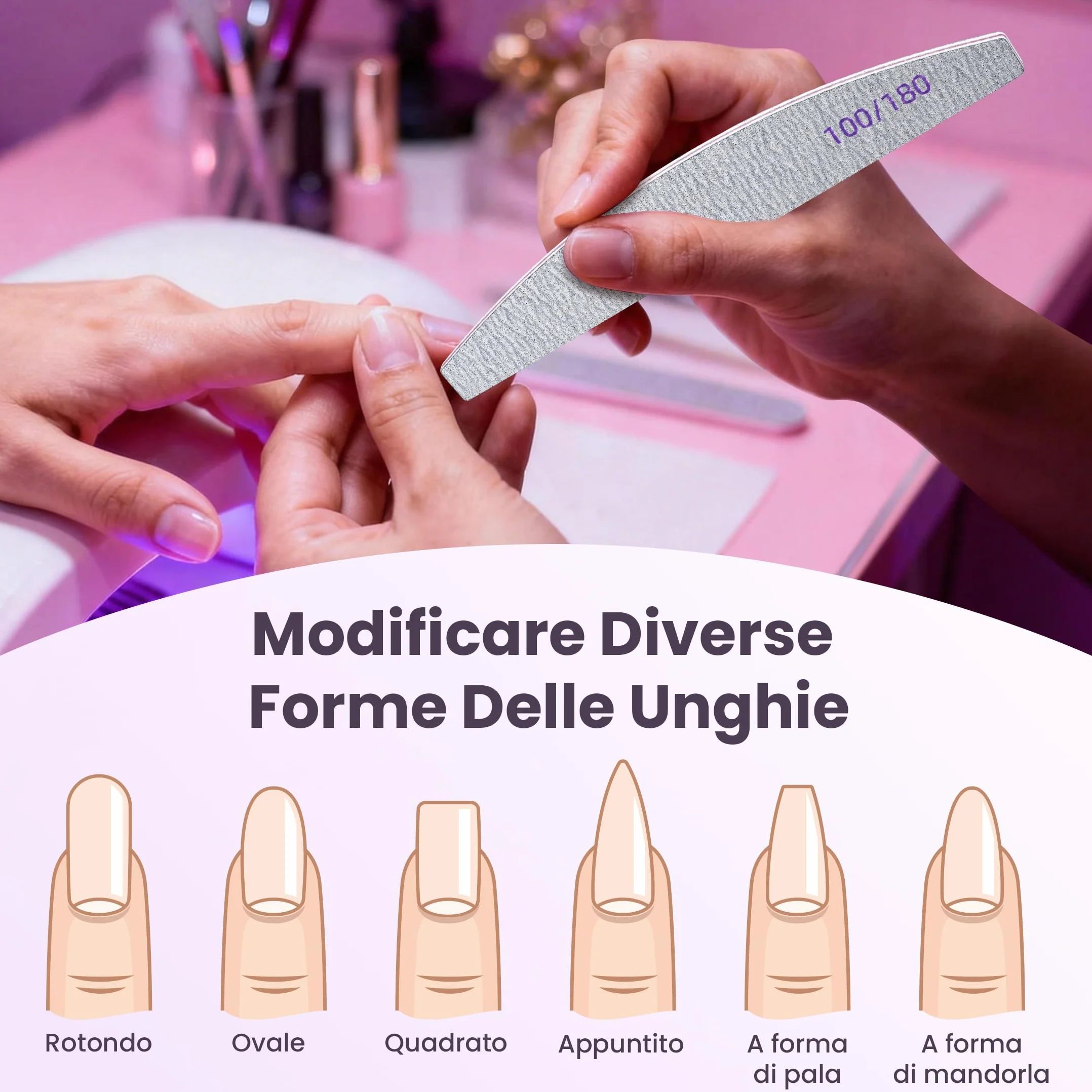 Lima per Unghie 100 180 Grana Doppia Faccia, Kit Riutilizzabile per Manicure in Gel, Set Professionale 20 Pezzi