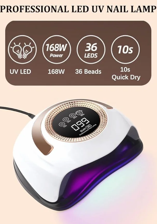 Lampada UV LED per unghie, 268W Luce di polimerizzazione rapida per unghie con 66 LED Sensore automatico, Manico portatile per unghie, 5 impostazioni di timer, spazio più grande (02#Oro)