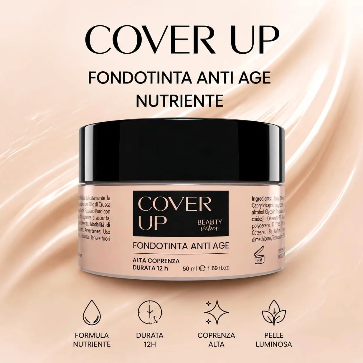 CoverUp Fondotinta Idratante Anti-Rughe 100ml | Con Sodio Ialuronato, Copertura Modulabile da Media ad Alta, Effetto Naturale e Lunga Durata, Waterproof